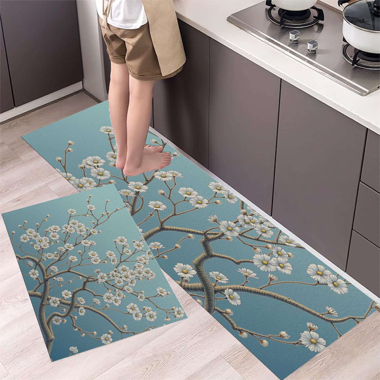 Alfombras de cocina antideslizantes azul claro en juego de 2 piezas lavables