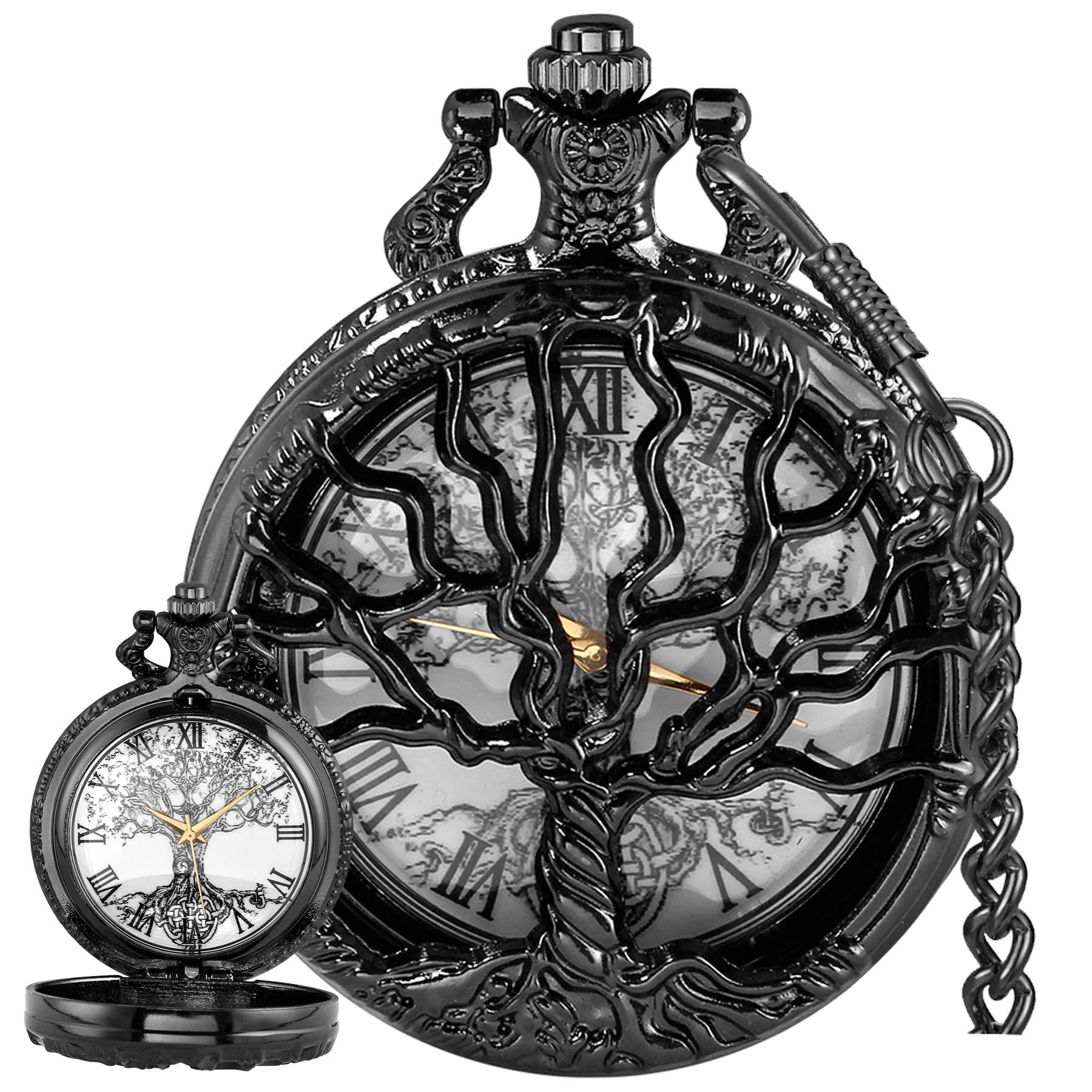 Pocket Watch Hollow Tree of Life Design Roman Numerals Customizable Quartz Pocket Watch with Chain Birthday Gifts