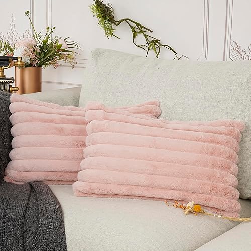 YOUR SMILE Juego de 2 fundas de almohada decorativas de terciopelo suave y acogedor a rayas, piel sintética de conejo, decoración neutra moderna