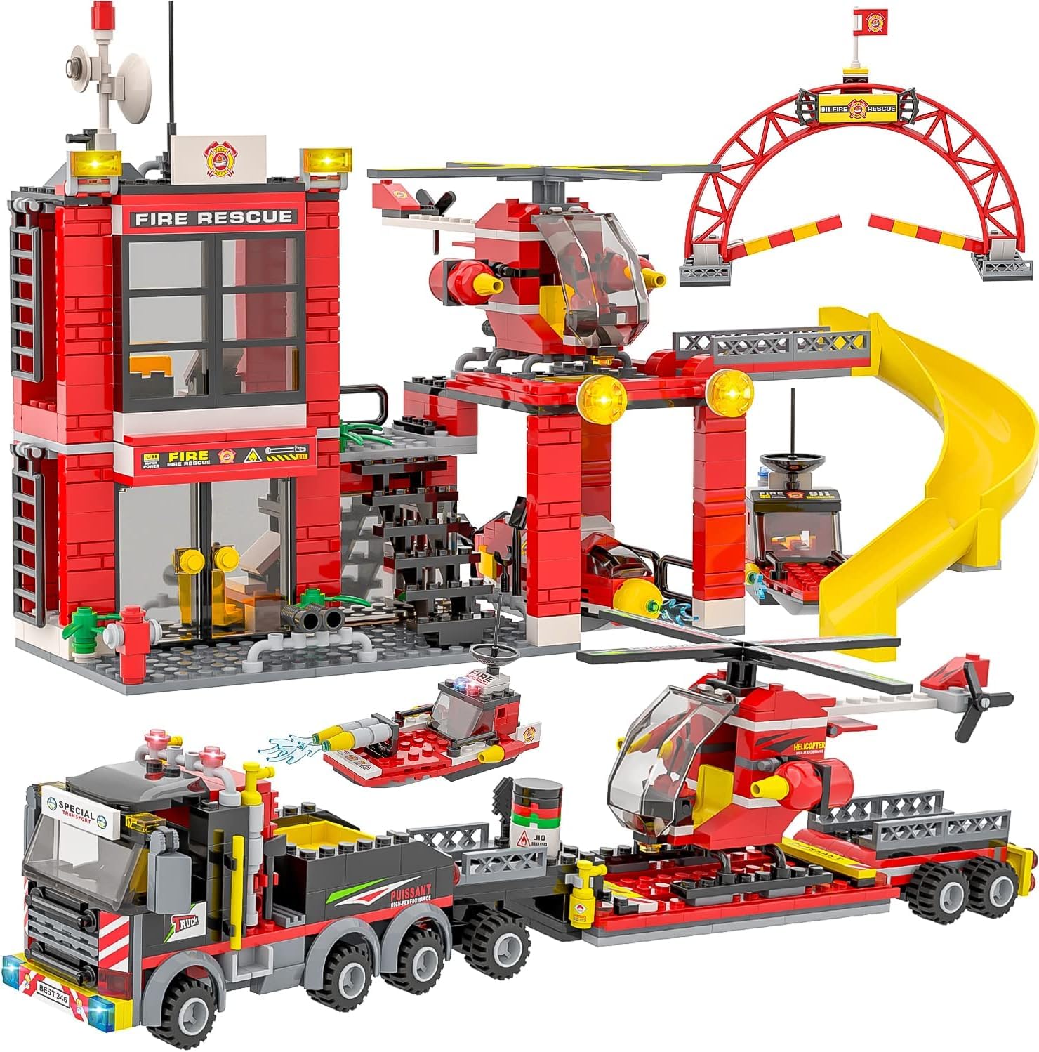 AlyasameenCity Fire Station Building Kit - Fun Firefighter Toy Building Set - Fire Truck, Rescue Helicopter, Boat - Learning Roleplay Construction STEM Toy for Kids 6-12 (Fire Station (971PCS))