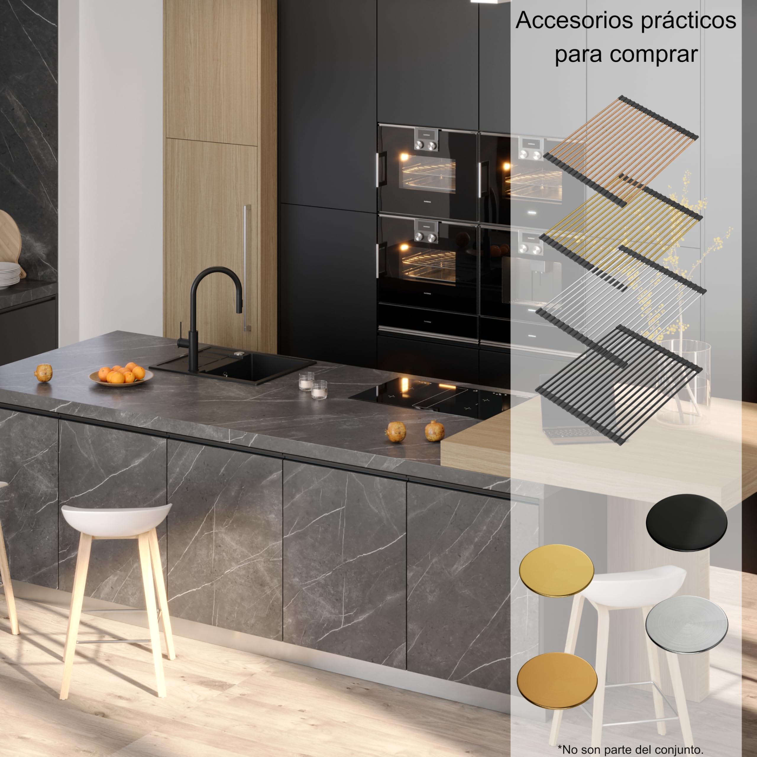 QUADRON fregadero de cocina negro fregadero de granito | tamaño 62 x 50 x 22 cm, color: negro y acero | MORGAN 116 fregadero de un seno con escurridor | fregadero empotrado con orificio para grifo