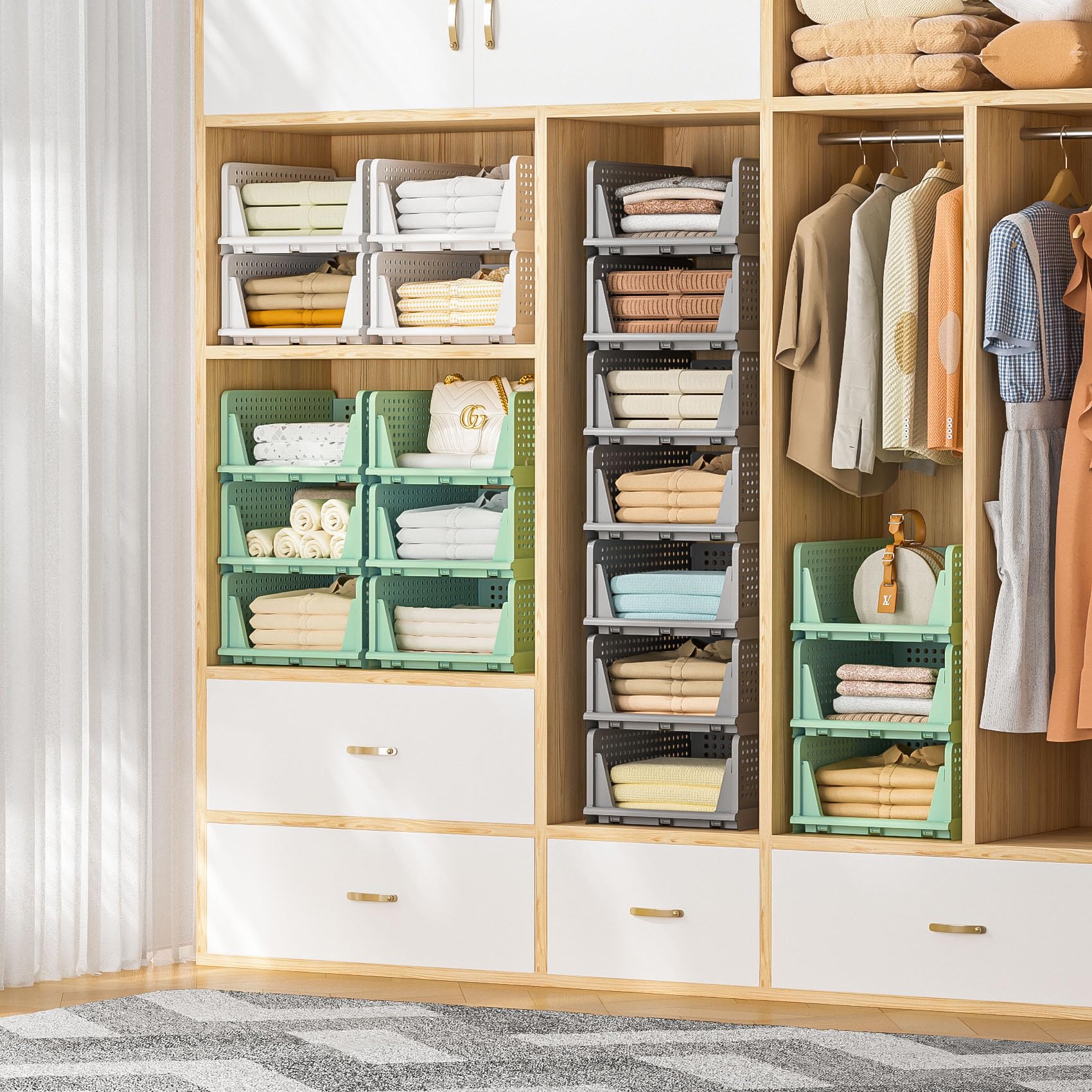 Closet Organizer, 4 Pack Stackable Storage Bins for Closet Shelves, Plastic Storage Drawers Basket Weekly Clothes Organizer for Kids(4L)?Green?