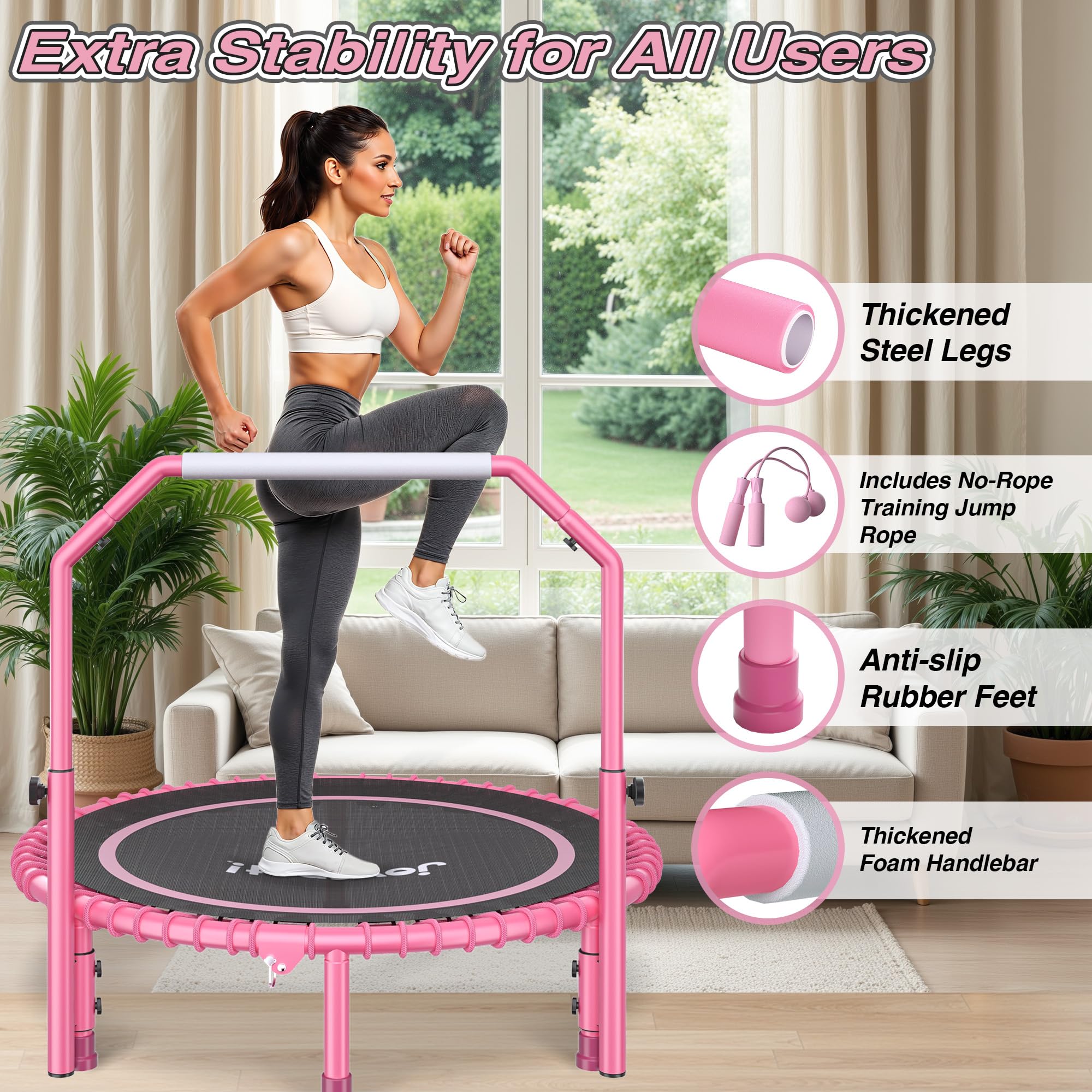 JOY SPOT! Mini Fitness Trampolin, Ø102cm Faltbares Trampoline mit Bungee-Seilen & verstellbarem Griff, Maximale Belastung 204kg, Rebounder Trampolin Indoor Outdoor mit springseile für Heimtraining
