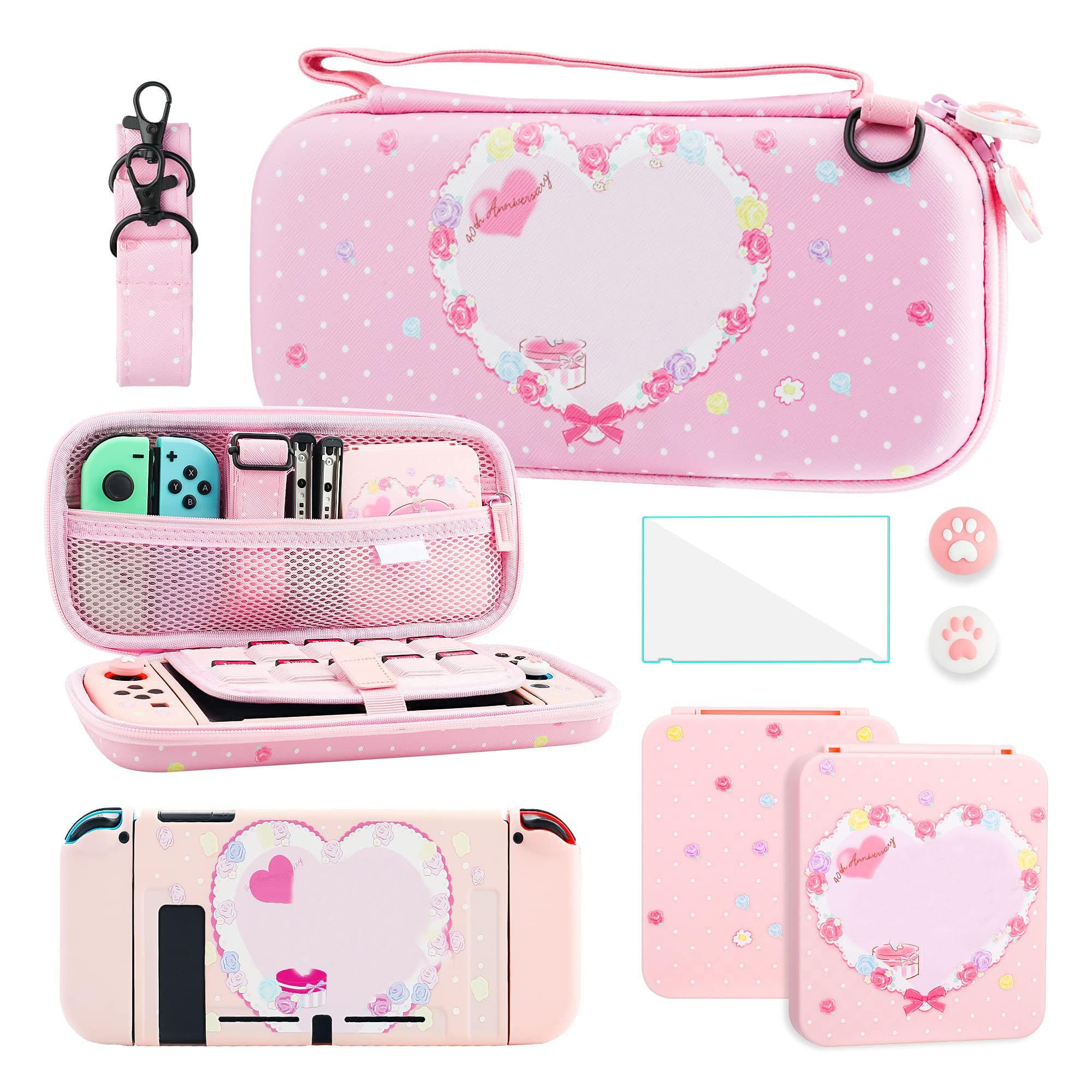 GLDRAM Pink Carrying Case for Nintendo Switch, Cute Anime Rabbit Accessories Bundle with Portable Travel Case, Soft TPU Switch Skin, Screen Protector, Game Case, Shoulder Strap and 2 Thumb Grid Caps