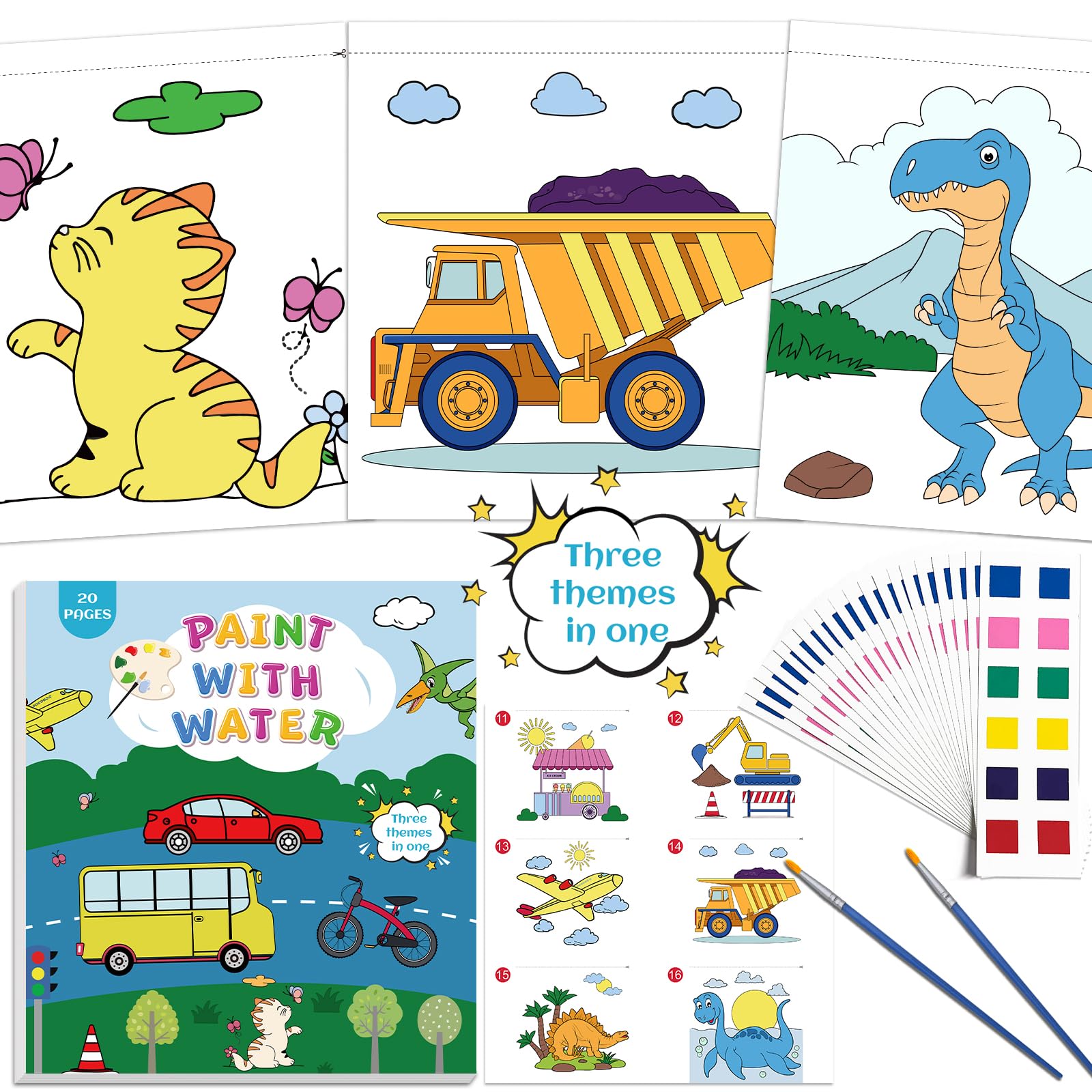 2025 Gift Water Color Paint Sets for Kids Three Themes in One Animals Transportation Dinosaurs Coloring Books for Kids Ages 3 4 5 6 7 8 9 Years Old with Water Books Magic Paint Set for Girls and Boys