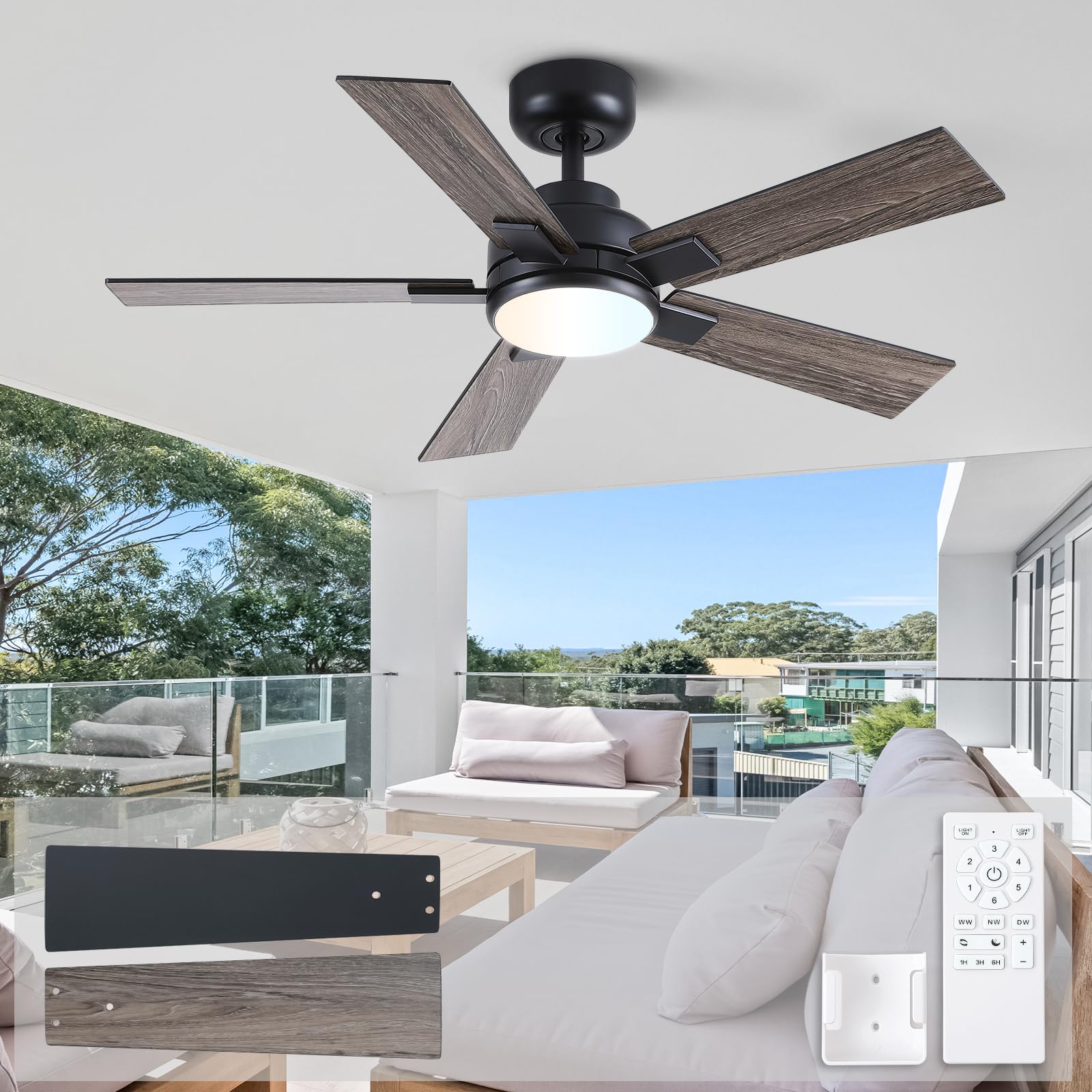 Wellspeed Ceiling Fans with Lights - 42 inch Black Cover Outdoor Ceiling Fan with Light and Remote, Reversible DC Motor, 6-Speed Quiet 3CCT LED Dimmable for Bedroom, Indoor and Cover Outdoor
