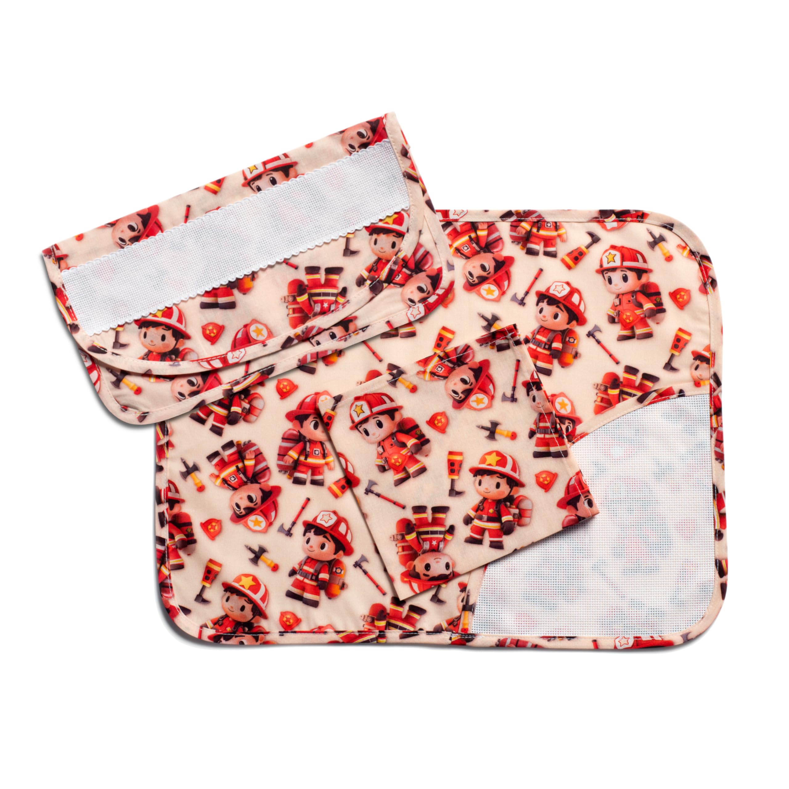 FILET - Breakfast Set for Kindergarten 3 Pieces in Cotton to Embroidery: American Placemat, Napkin and Napkin Bag, Made in Italy, Firefighters Pattern, Beige Background