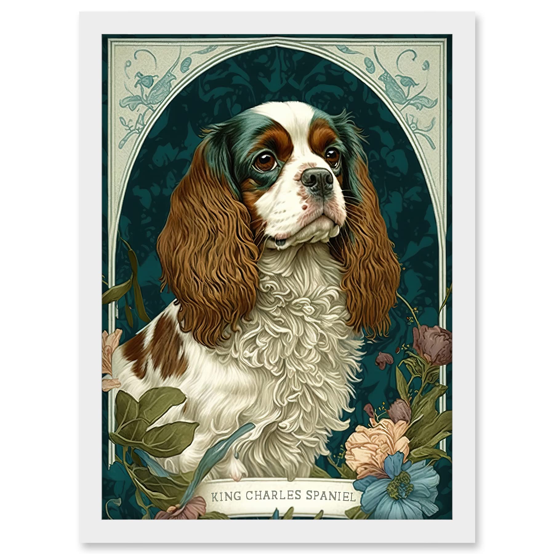 Artery8 King Charles Spaniel Dog with Flower Blooms Modern Art Nouveau Illustration Artwork Framed A3 Wall Art Print
