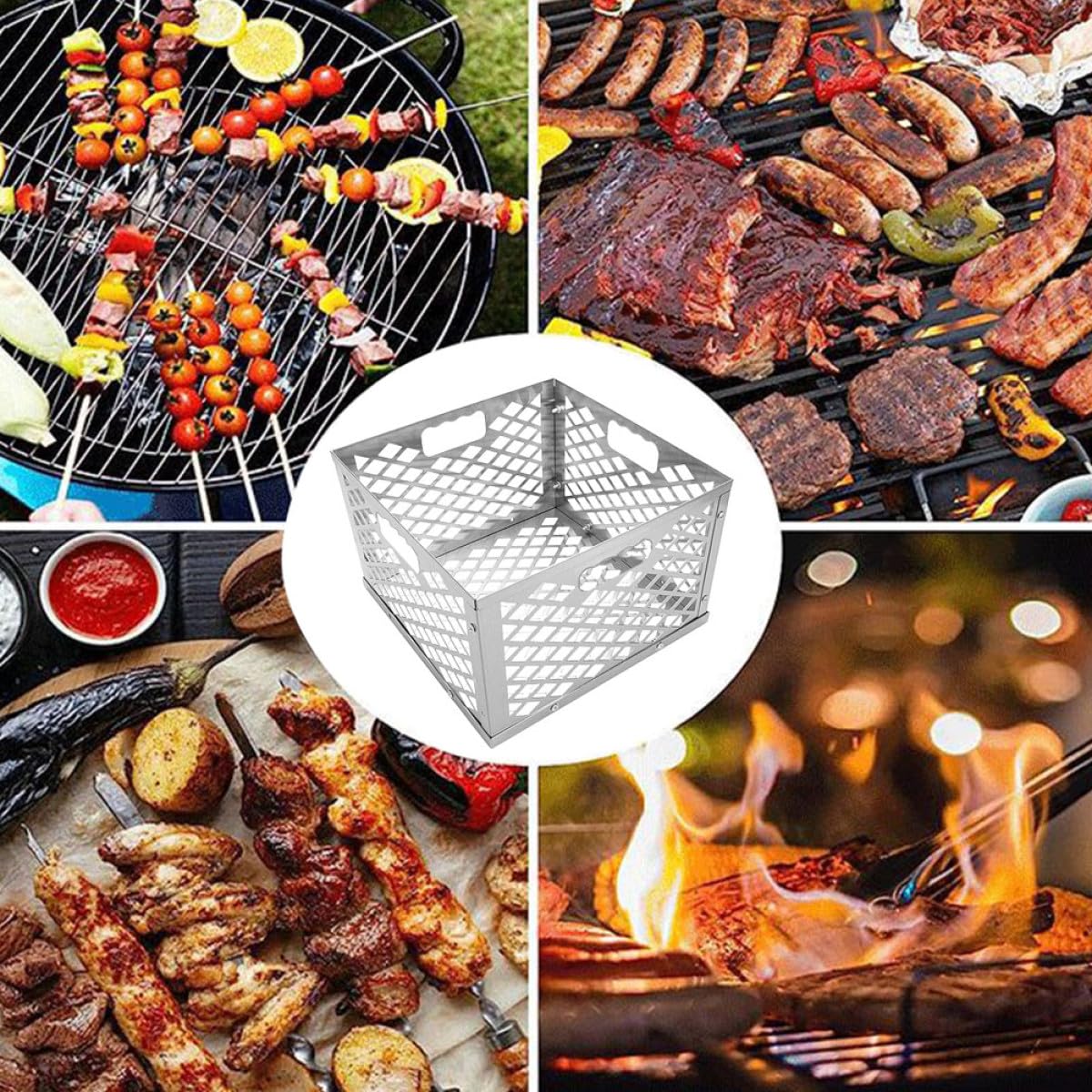 Cesto Carbone in Acciaio Inox per Barbecue, Argento | Capienza Ampia, Facile da Rimuovere e Installare, Calore Uniforme per Uso Esterno
