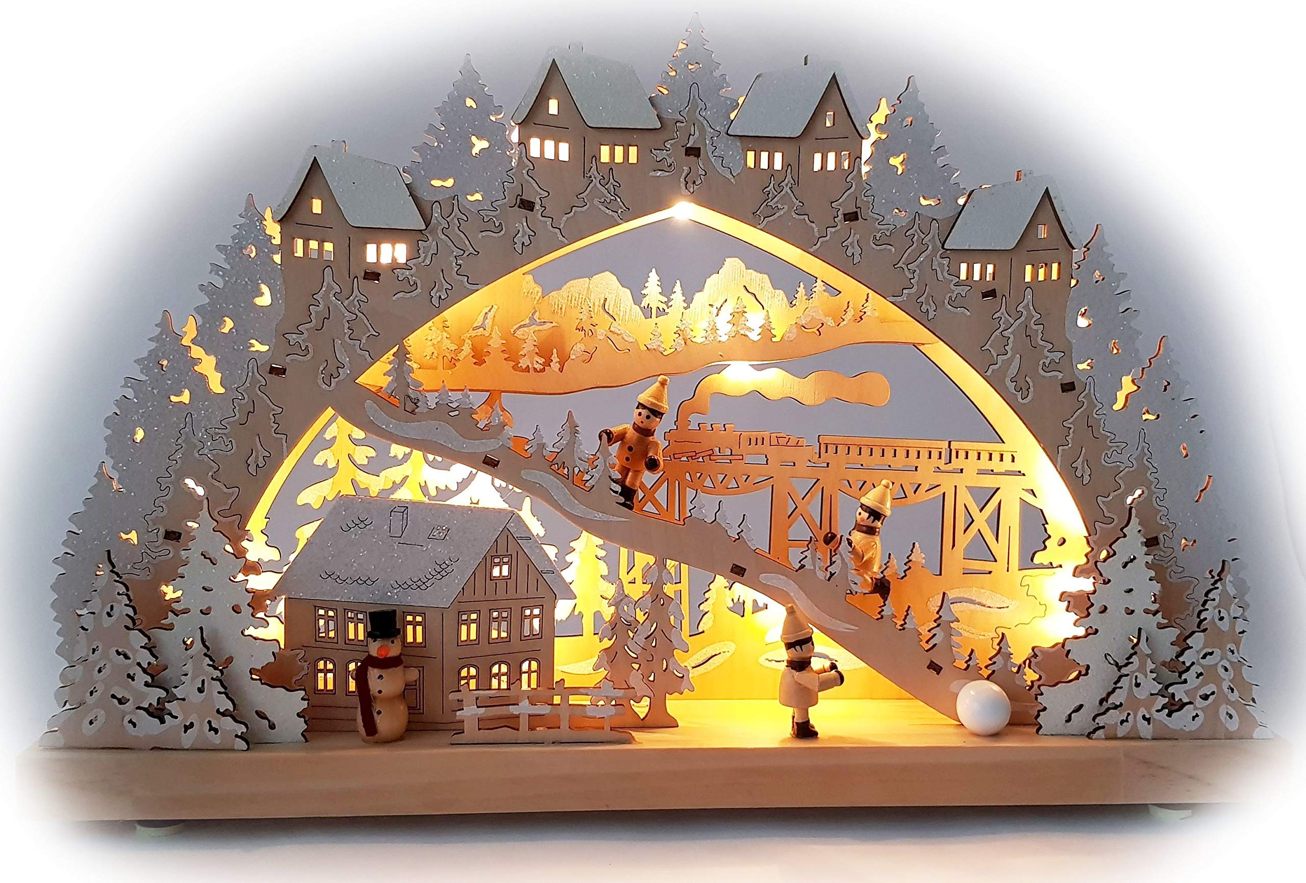 Echtholz LED Schwibbogen mit Timer Winterlandschaft Original Wichtelstube Kollektion Leuchter Schwippbogen Lichterbogen