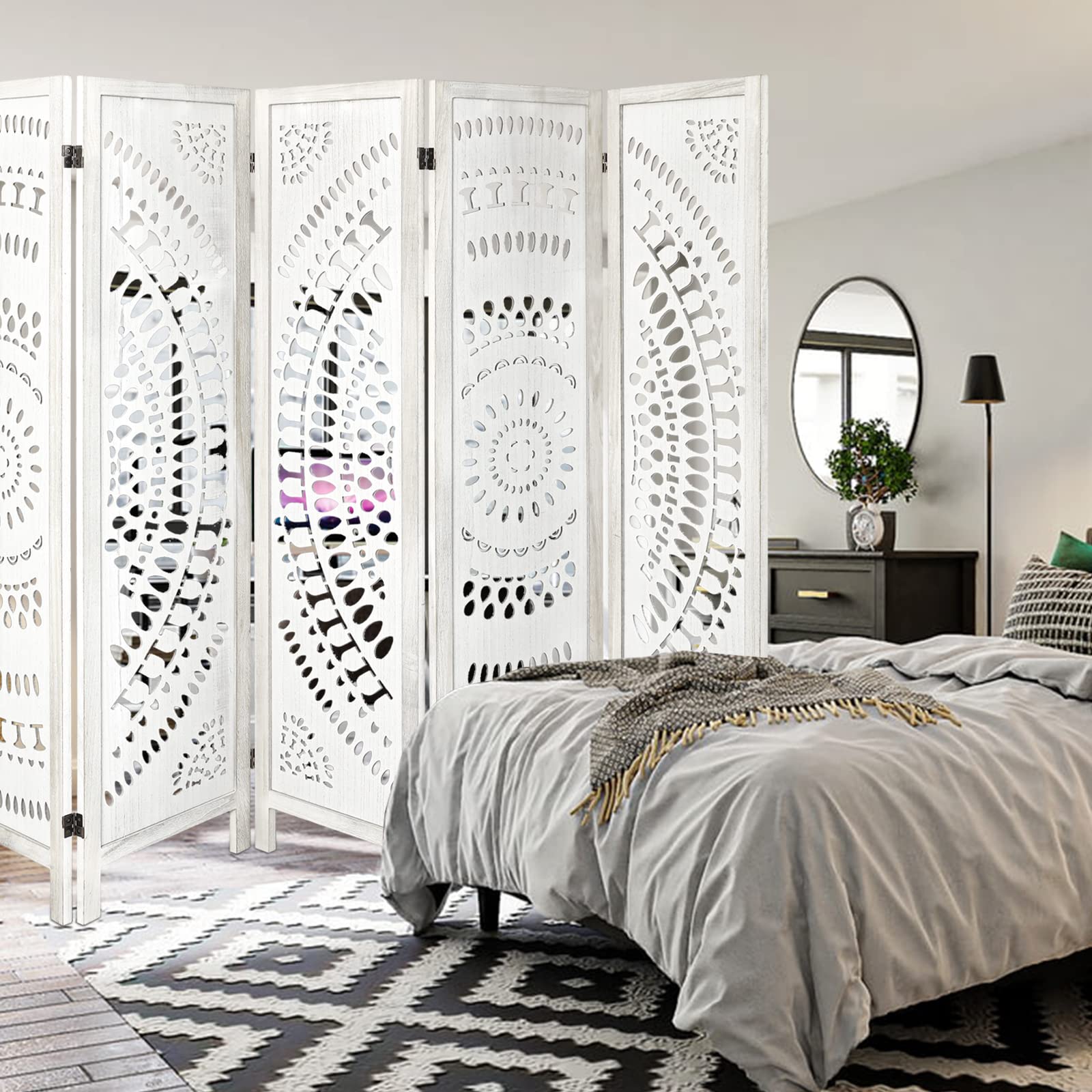 ECOMEX 6 Panel Room Divider, Folding Room Divider Freestanding Privacy Screen Divider, Carved Wood Room Divider for Bedroom Home Office Apartment Studio Hotel Restaurant Garden Terrace(White)