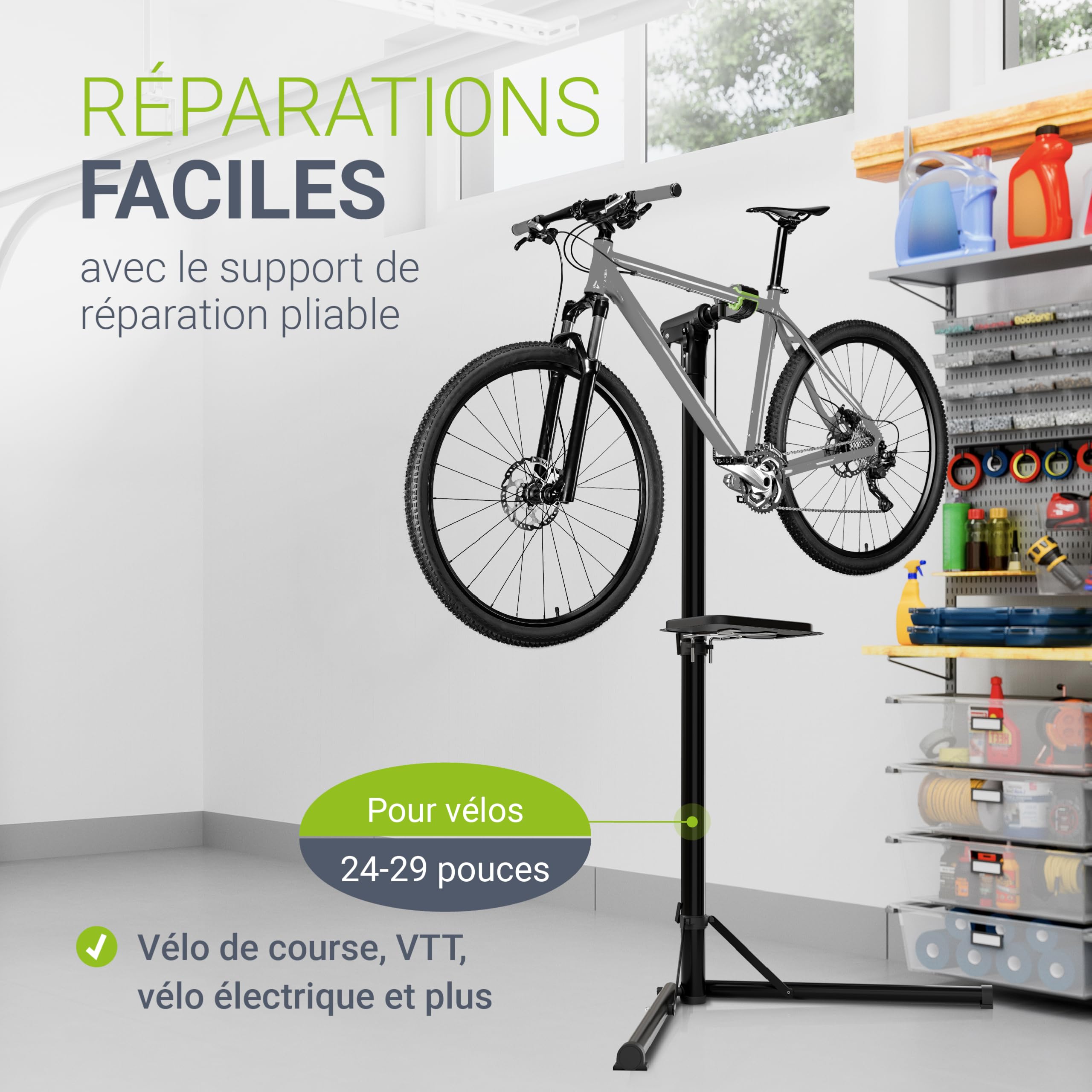 Juskys Pied d'atelier vélo pliable & réglable en hauteur avec revêtement en caoutchouc & étagère à outils, support de réparation pour vélos de 24 - 29 pouces, support de montage de vélo jusqu'à 50 kg
