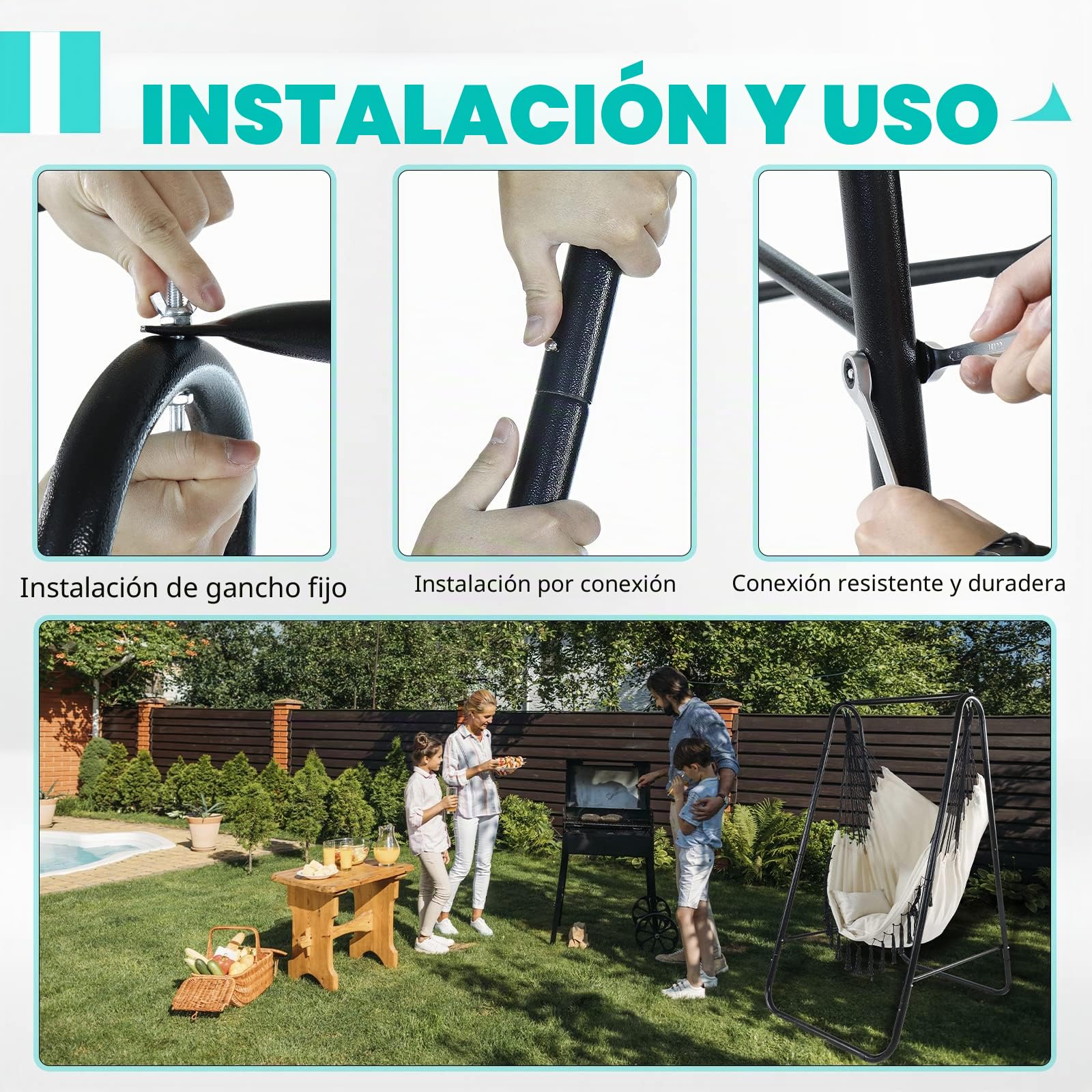 CCLIFE Silla Hamaca Colgante con Soporte, Columpio con Conjines, Carga Máxima 100 kg, para Interior y Exterior Beige