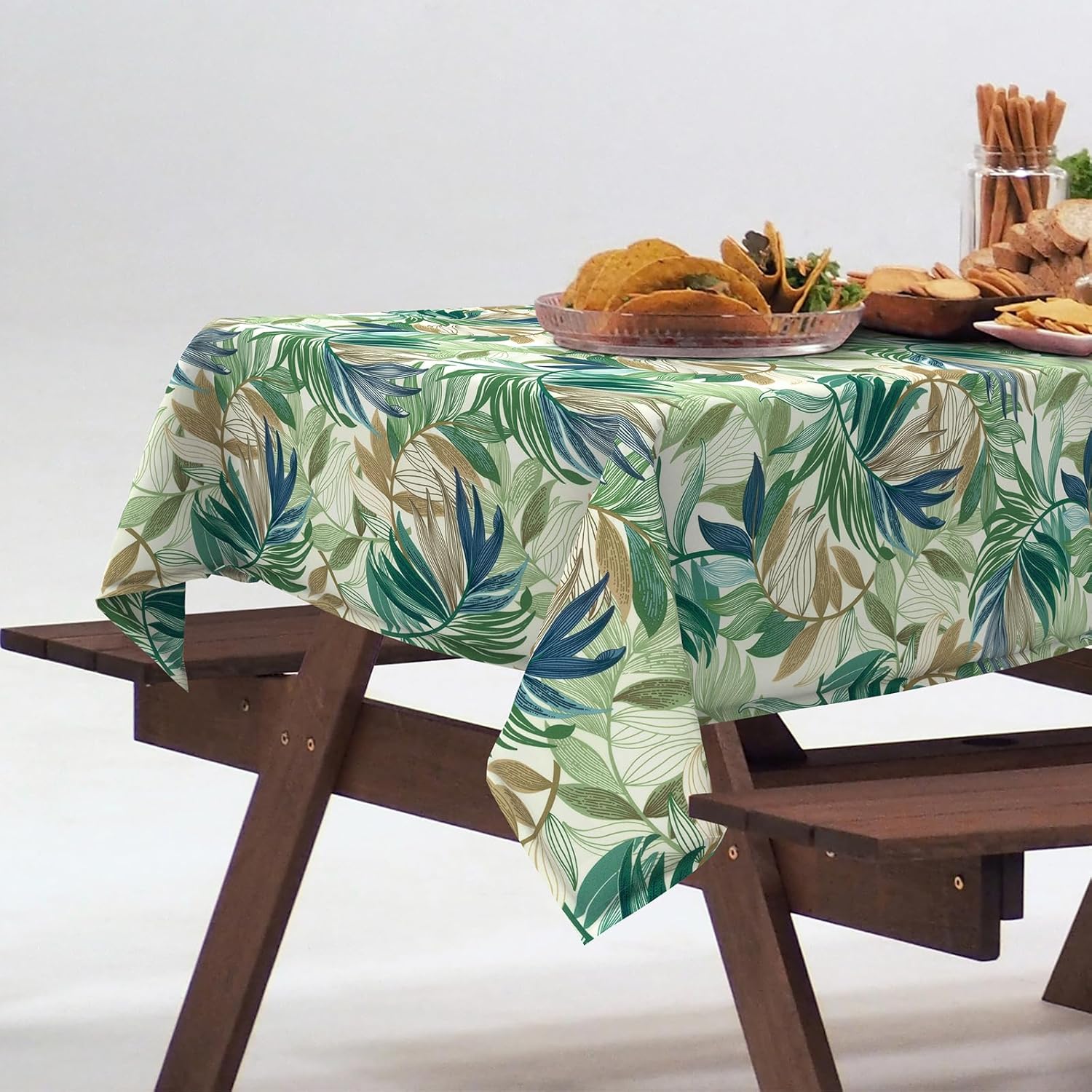 Outdoor Rectangle Tablecloth with Umbrella Hole and Zipper 84" x 60", Water Repellent Floral Picnic Cover, Fade & Wrinkle Resistant Tablecloth for Patio/Garden/Party Table, Lush Leaf Green
