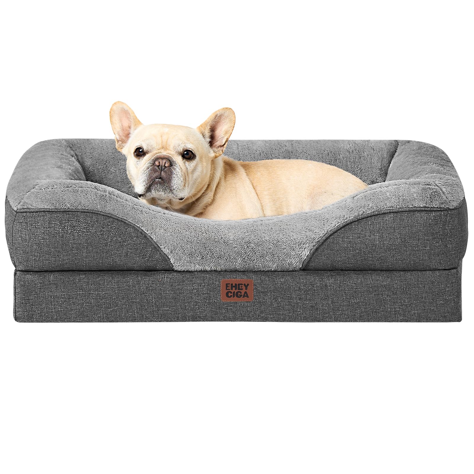 EHEYCIGA Orthopedic Dog Bed for Medium Dog, 30x20x6.5 Inch Memory Foam Dog Couch Bed with Sides, Waterproof Liner & Washable Removable Cover, Bolster Pet Sofa, Grey