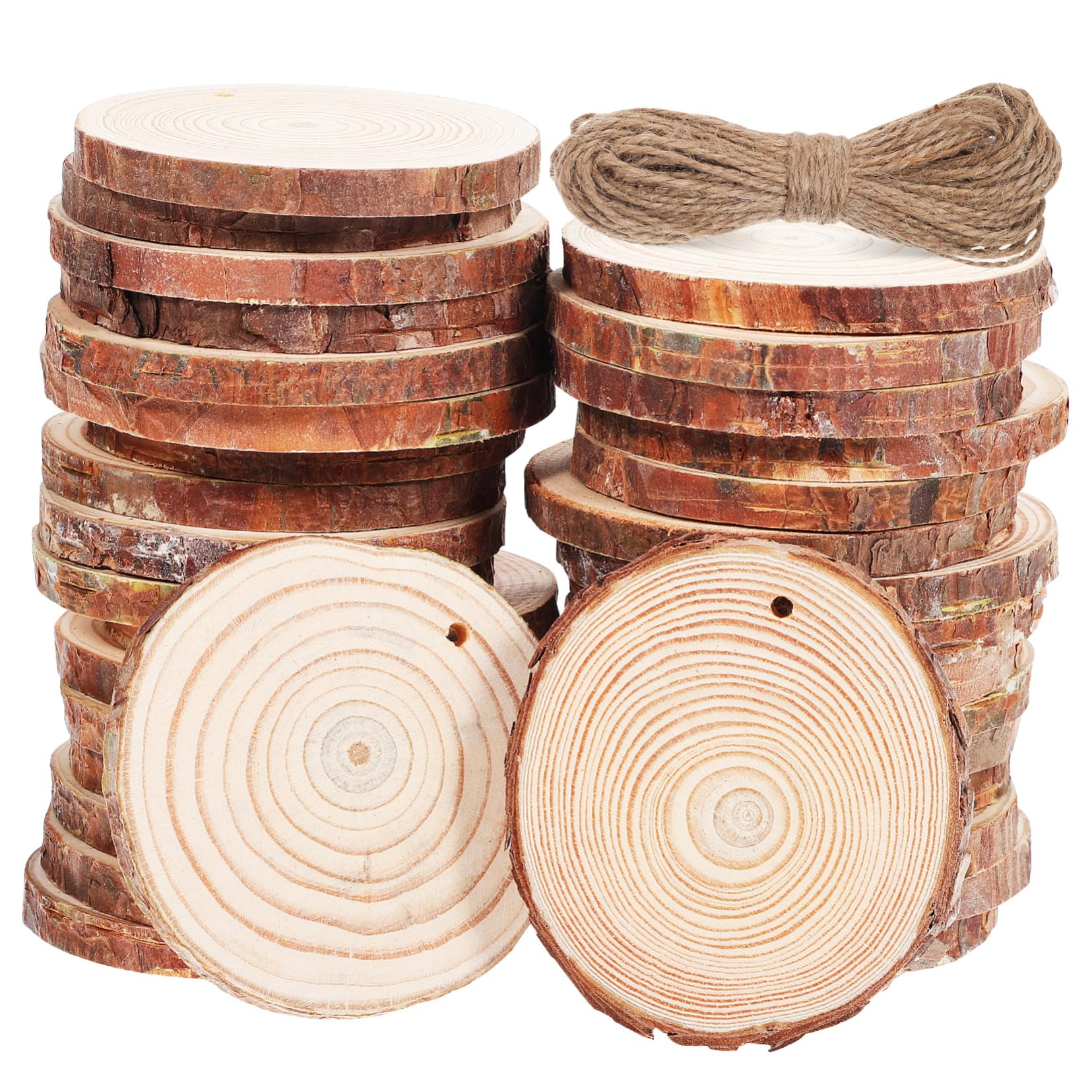 Unbemalte Runde Holzscheiben 50 Stück Braun mit Aufhängelöchern | Inklusive Juteschnur 10m, Rustikaler Naturstil, für Klassenzimmer und Weihnachten
