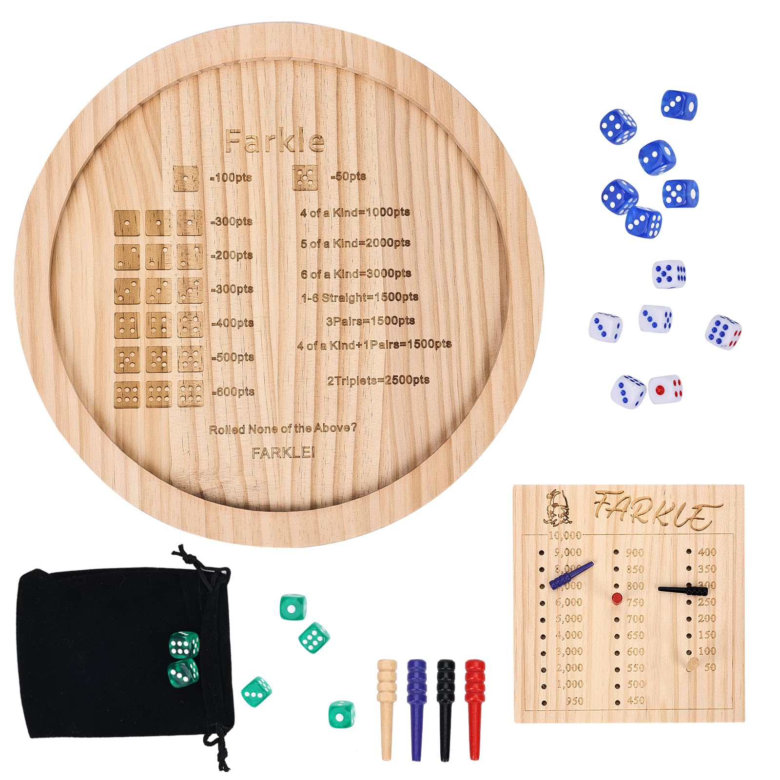 Bandeja de Dados de Madera Farkle, Juego de Dados Clásicos Farkle con Bandeja de 30cm 6 Dados de Perla 1 Bloc de Puntuación y 4 Marcadores Soporte para el Juego Familiar Clásico