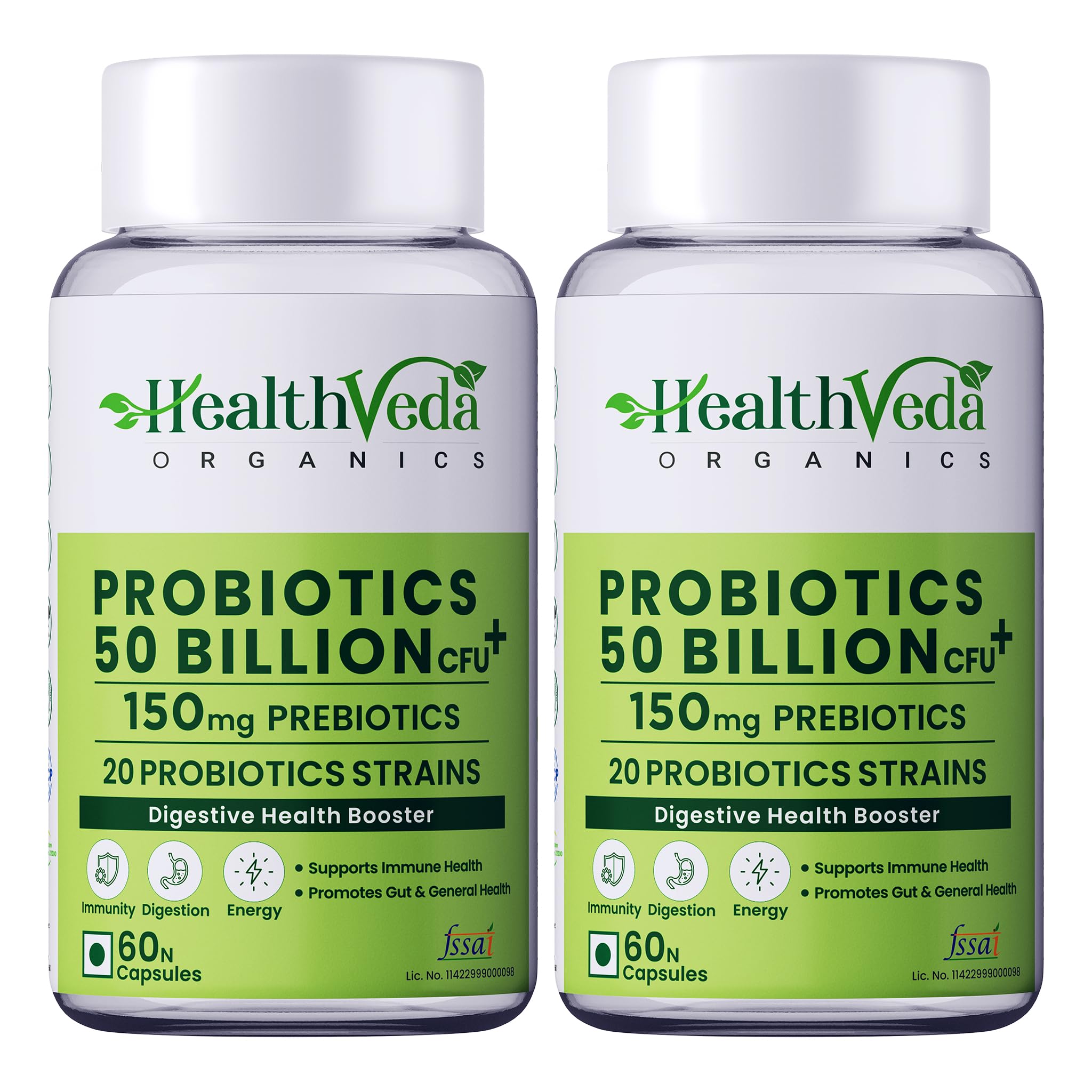 Health Veda Organics Probiotics 50 Billion CFU | 60 Veg Capsules (Pack of 2) for Men & Women | With Prebiotics for Gut Health & Digestion