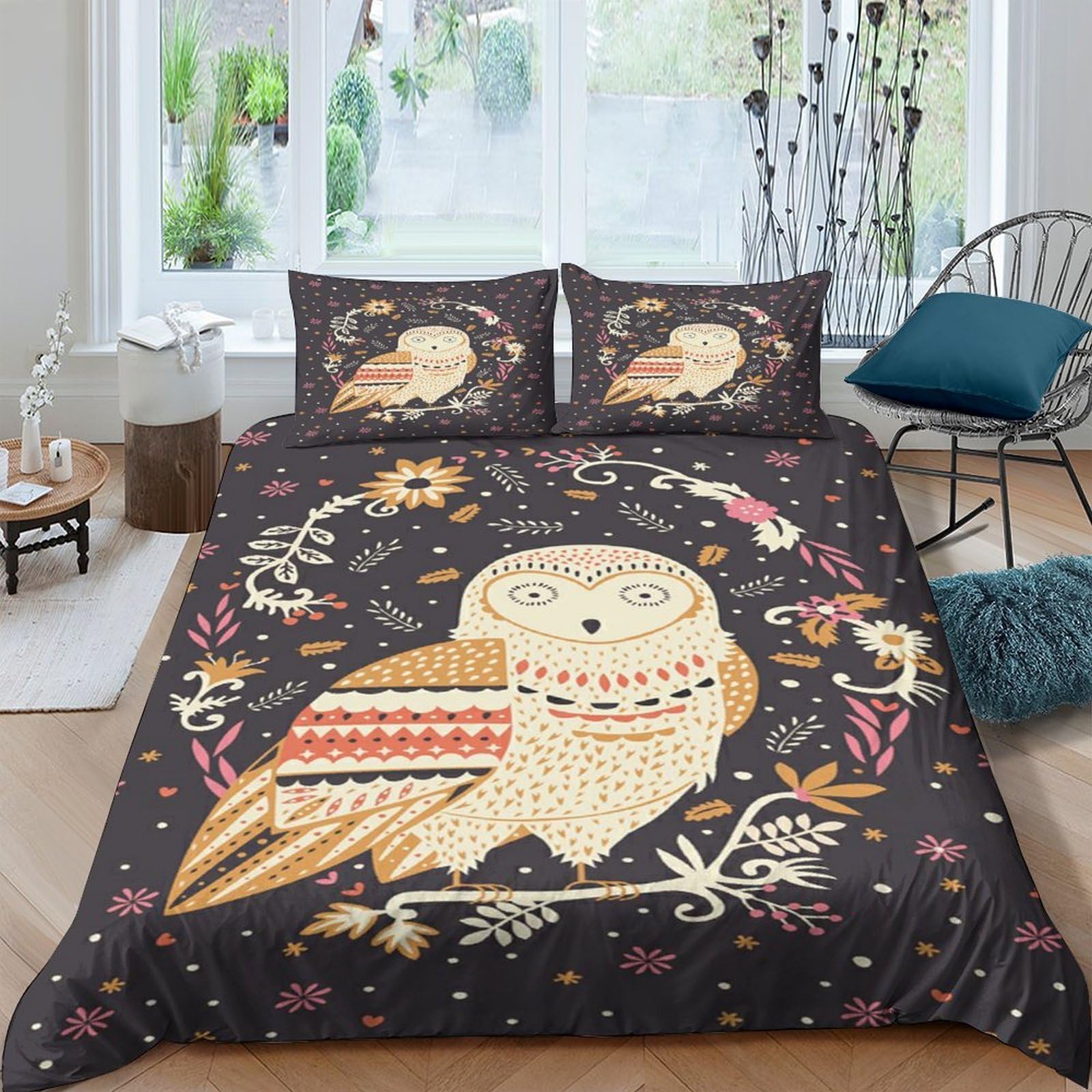 GPLZQXKJNH 3D Printed Boho Owl Duvet Cover Microfiber Soft Breathable Floral Bedding Set with 2 Pillowcases for Bedroom Home Single（135x200cm）