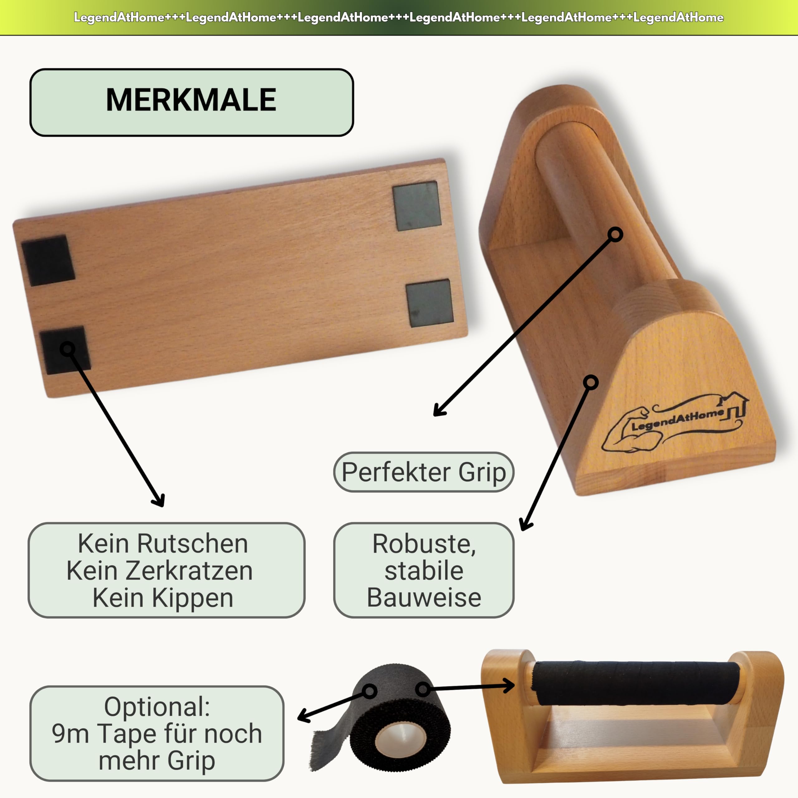 Liegestützgriffe [2er-Set] aus Buchenholz – stabile & gelenkschonende Parallettes für Push Ups, Calisthenics, Dips & Fitness Training – rutschfest & tragbar