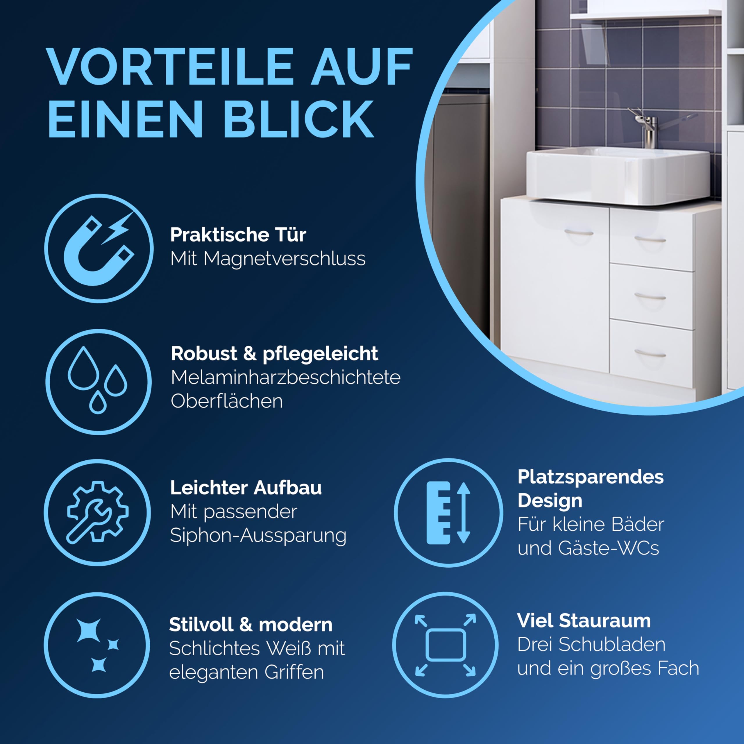 Casaria® Waschbeckenunterschrank mit 3 Schubladen Holz Weiß Waschbecken Unterschrank 63x30x54cm Bad Waschtischunterschrank Schmal Stehend Badezimmer