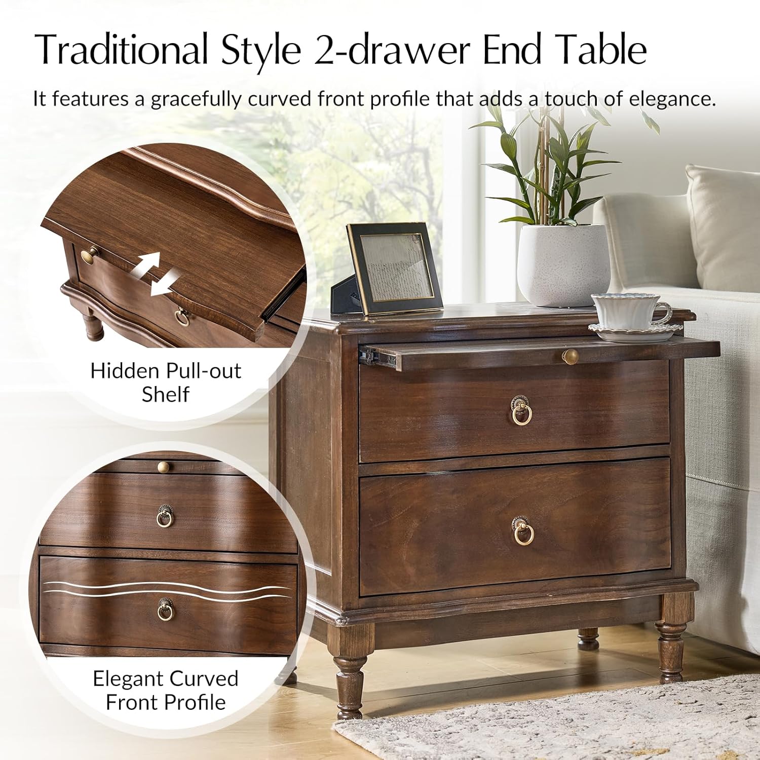 HULALA HOME Solid Wood Storage End Table with Hidden Pull-Out Shelf, Transitional 2 Drawer Side Table with Charging Station, Large SideTable with USB Ports, Easy Assembly, Walnut