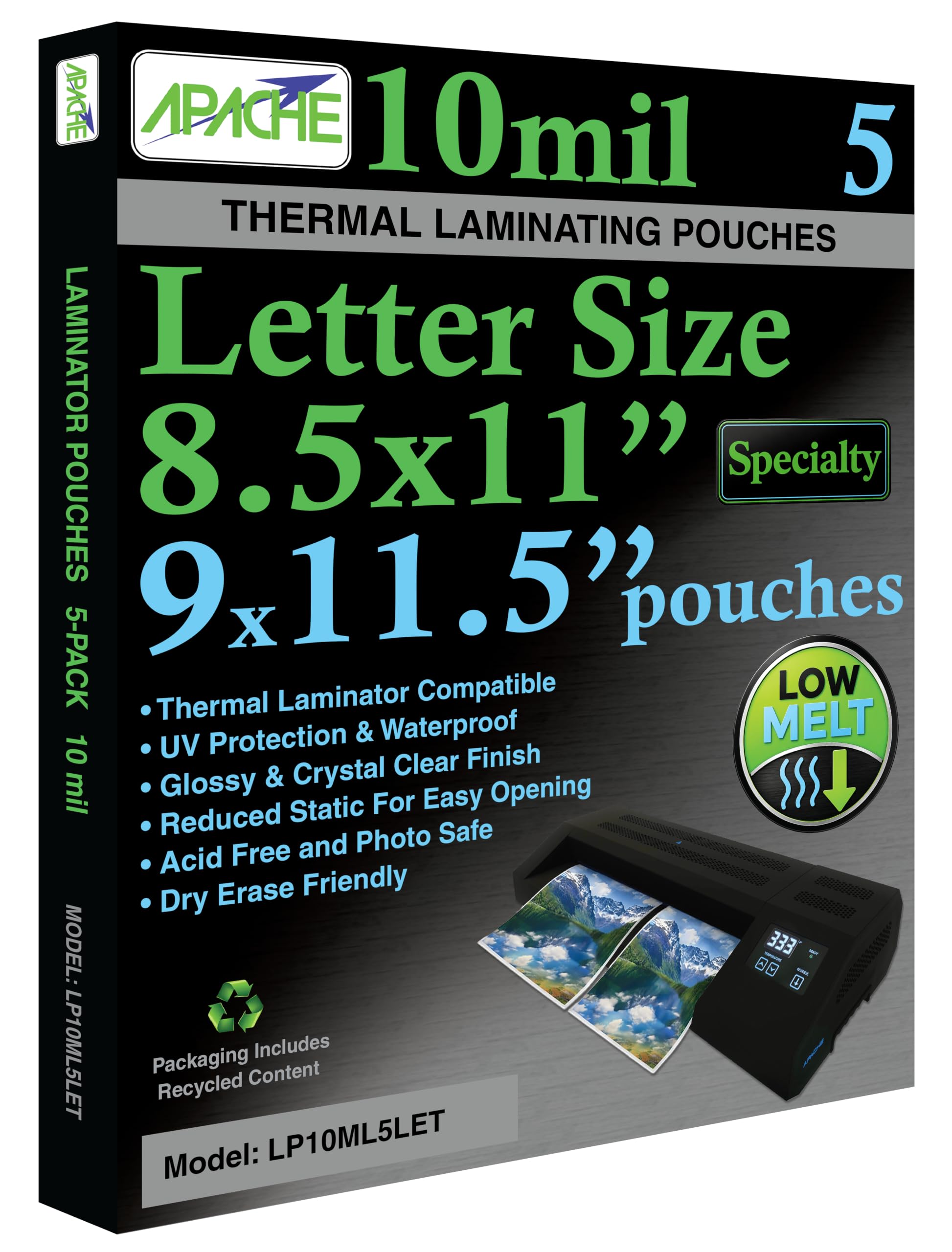 Apache Letter Size Low Melt Laminating Pouches, 10 Mil, 5 Pack, 9 x 11.5"