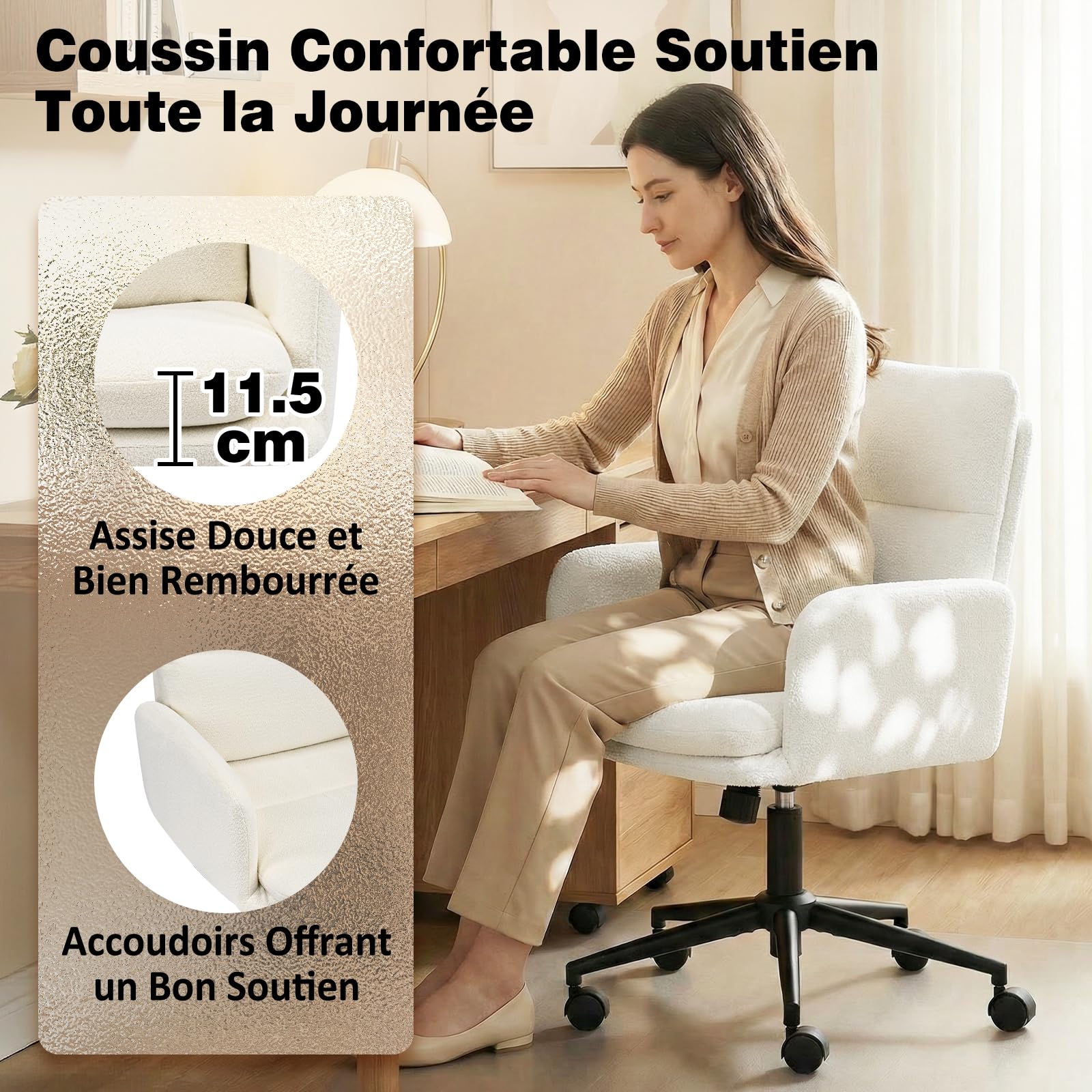 Hellove Fauteuil de Bureau Ergonomique, Chaise de Bureau Pivotante à roulettes avec Accoudoirs, Hauteur Réglable 10 cm, Tissu Chenille Beige – Idéale Aussi comme Chaise Coiffeuse
