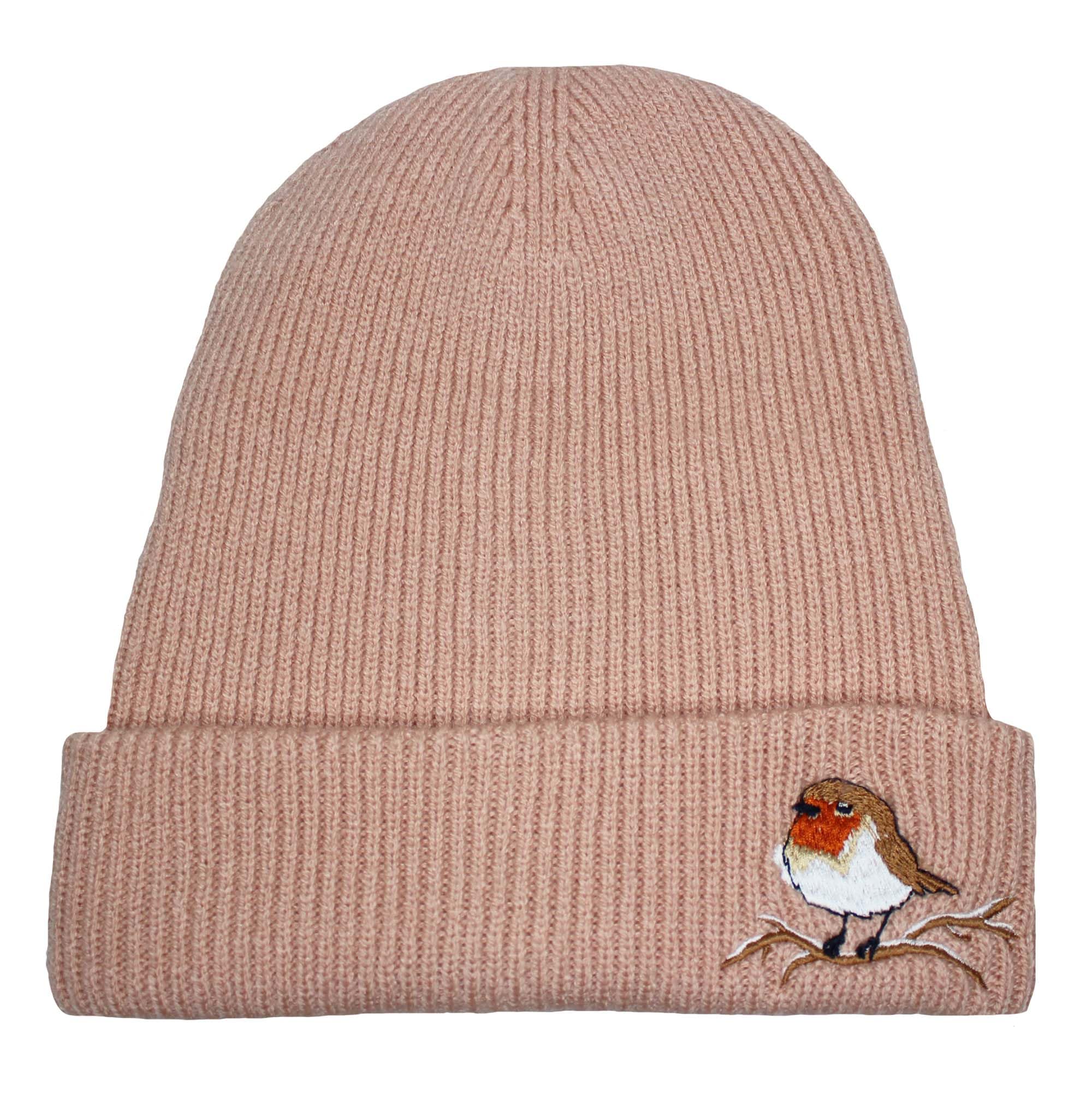 Teddyt's Women's Peach Robin Design Embroidered Thermal Knit Beanie Hat (Peach)