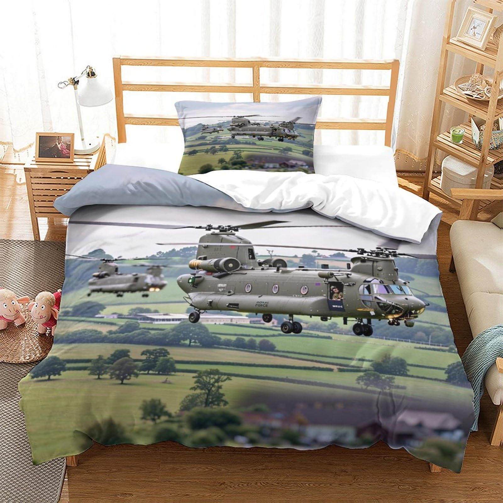 LILIlaobiao Lovingly Chinook Quilt Cover Single（135x200cm） With Hidden Zipper, Military Helicopter Duvet Cover with Pillowcases, Soft Light Microfiber Comforter Cover for Kids Adults