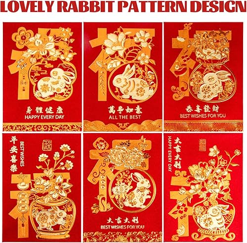 Miniatura 8 de 60 sobres rojos de Año Nuevo chino Hongbao 2023 con bolsillos del año de conejo 2023 bolsas para festival de primavera (6 patrones)
