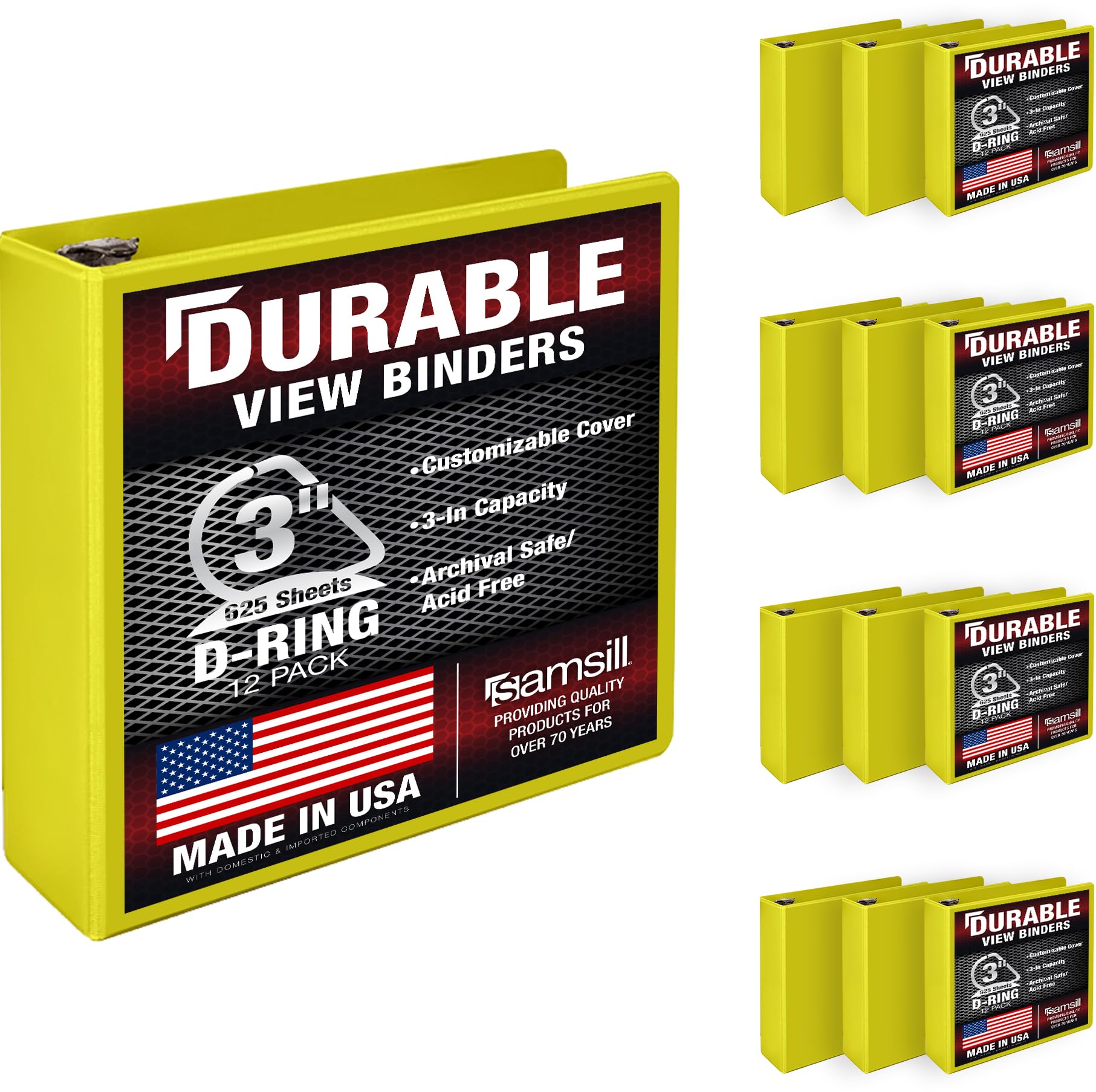 Samsill Durable 3 inch 3 Ring Binder, D Ring Binder, 100% Recycled Chipboard, Yellow, 12 Pack