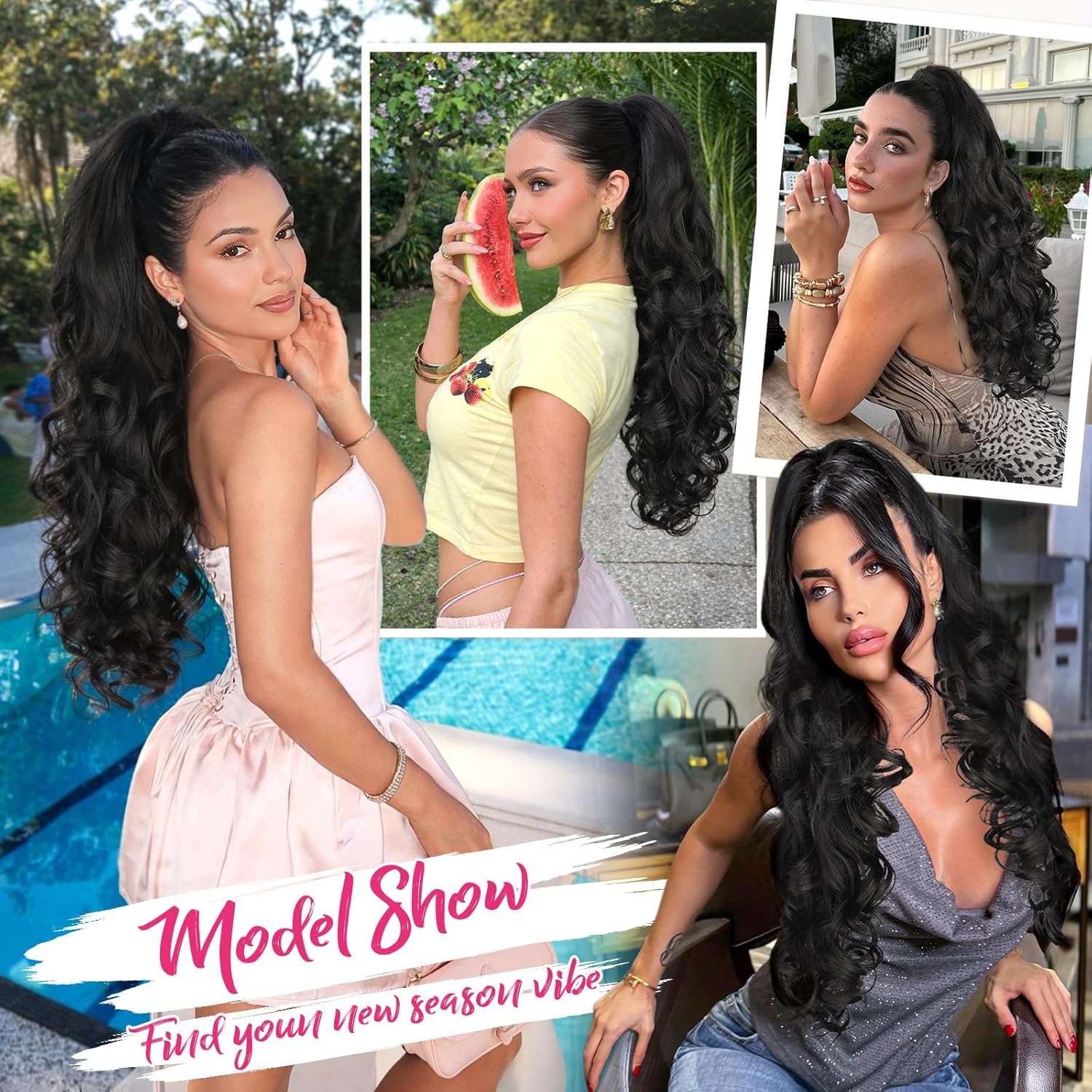ALXNAN Ponytail Extension,24 Inch Claw Clip in Long Curly Wavy Black Ponytail Hair Extension Jaw Clip on Pony Tails Hairpiece for Women