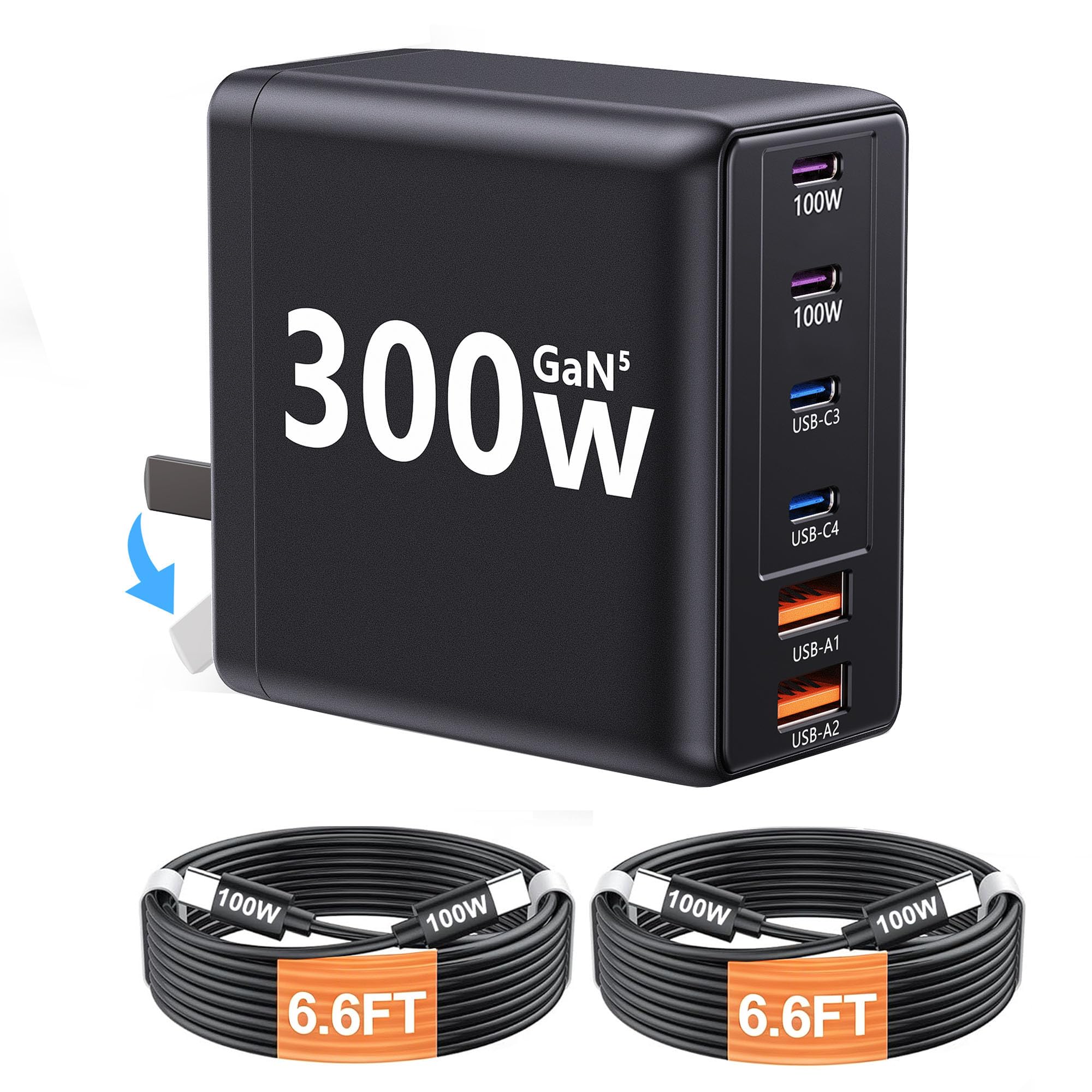 300W USB C Laptop Charger with 2 USB Cables 6Port Dual 100W