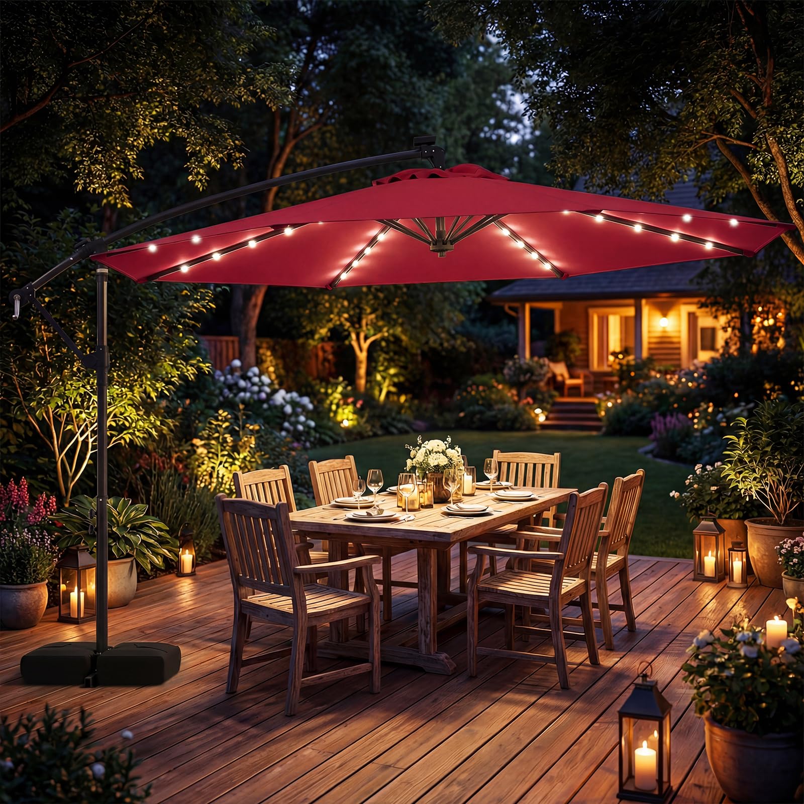 COSTWAY Sonnenschirm mit Ständer und LED-Leuchten, 300 cm Ampelschirm mit Kurbel, Gartenschirm, 360° drehbar, Marktschirm, Terrassenschirm für Garten, Terrasse, Pool (Weinrot)