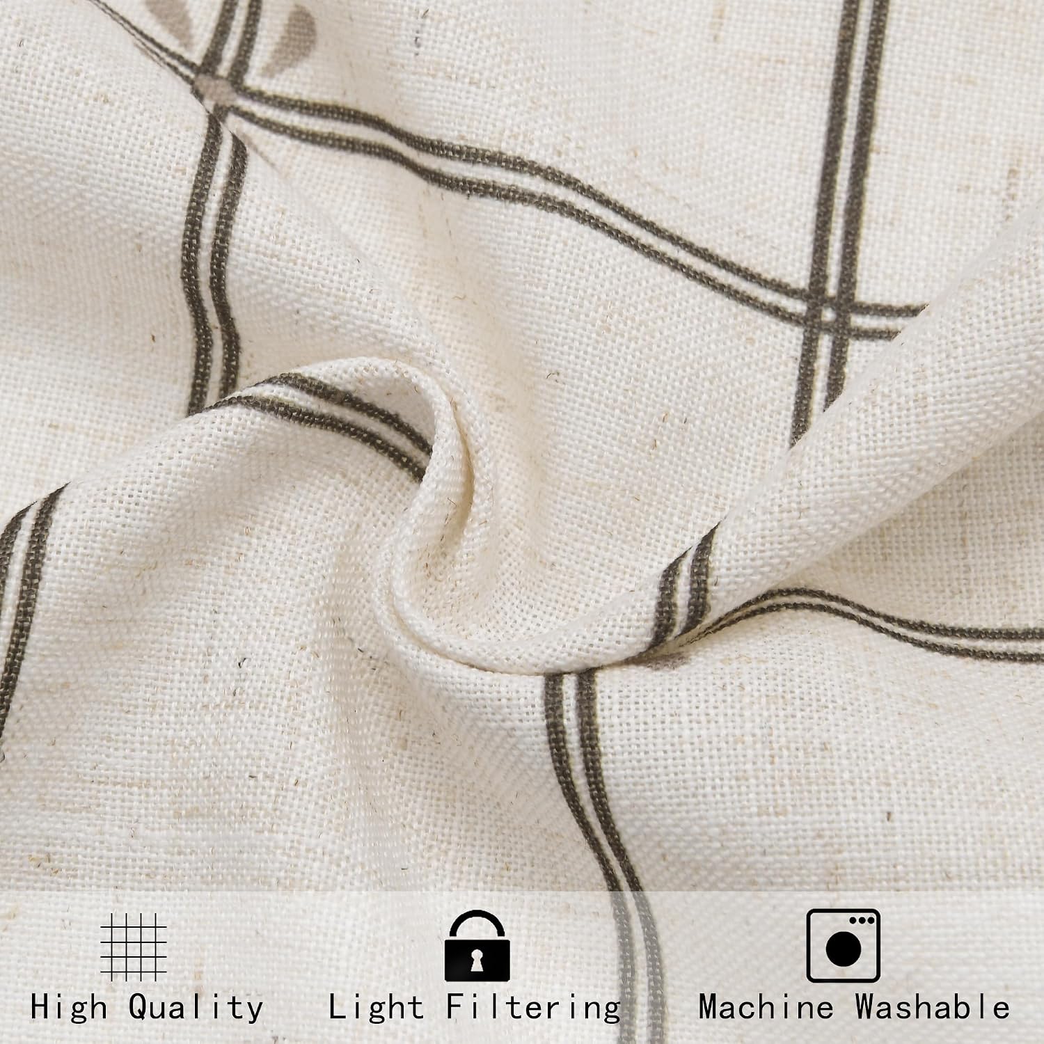 JIUZHEN Linen Valance 42x18 Inch, Taupe Plaid with Taupe Flowers