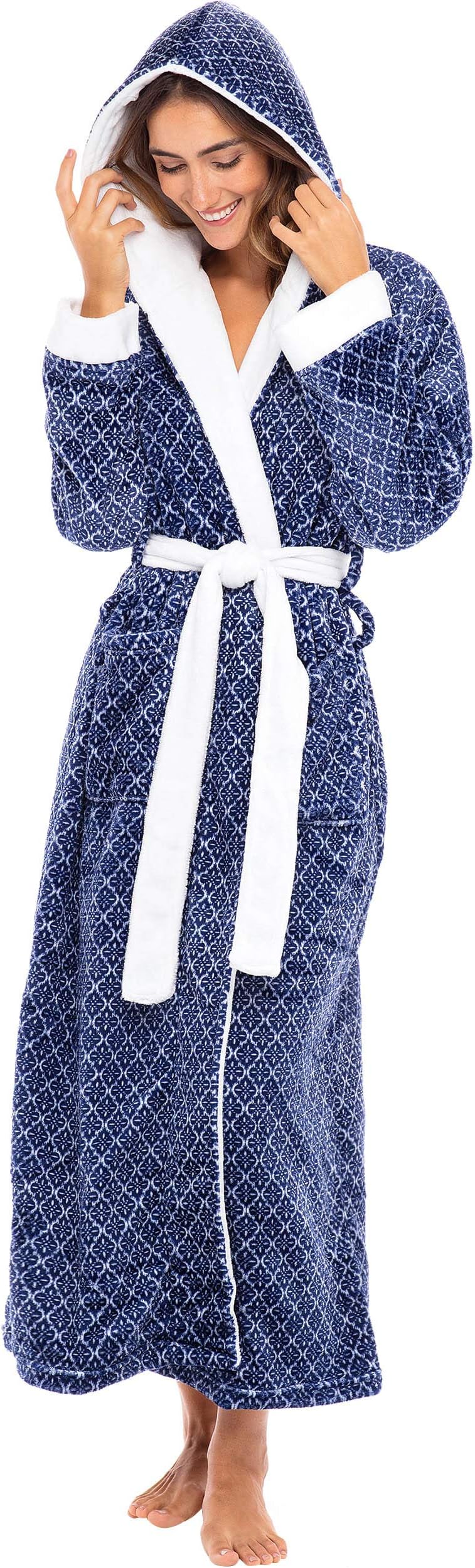 Alexander Del Rossa Womens Robe, Long Plush Bathrobe with Hood, Hooded Robes for Women Plus Size Bath Robe