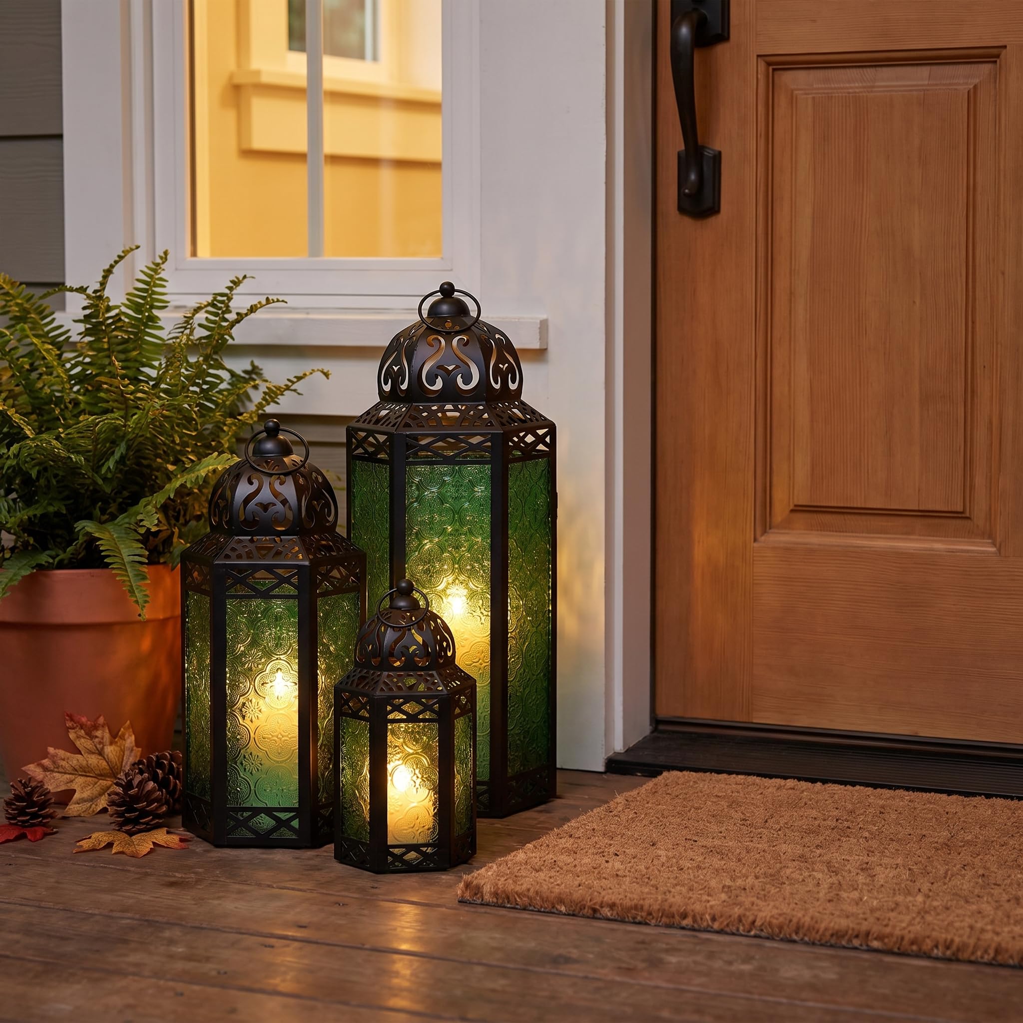 Vela Lanterns Juego de 3 faroles portavelas marroquíes Decorativos para Suelo, decoración de Ramadán, decoración Interior del hogar, Patio al Aire Libre o Porche, Halloween, Bodas, Verde