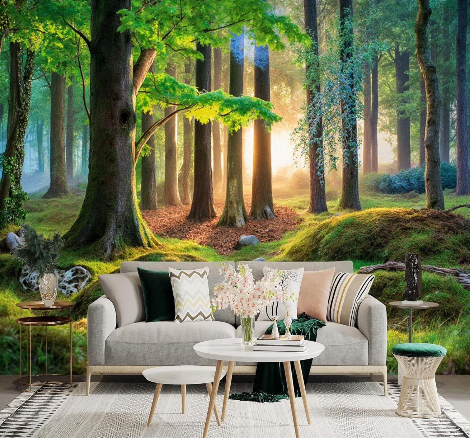 XLMING Sunrise Fresh Forest Mossy Ground Green Trees 3D Wallpaper Silky Texture Home Study Office Grey Dining Room Sofa Bedroom Living Room TV Backdrop-150cm×105cm