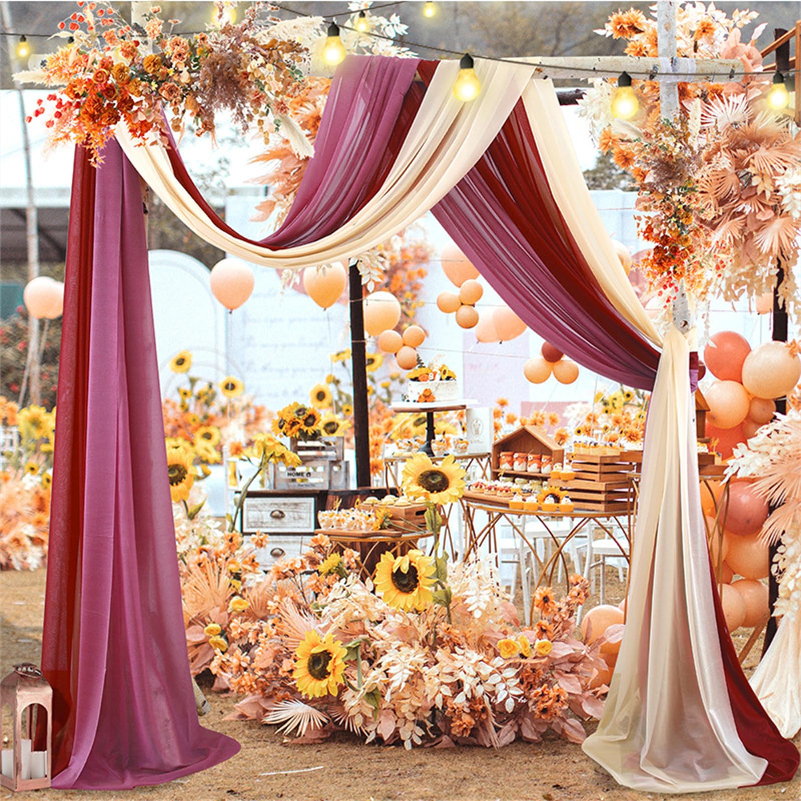Chickwin Tenture Mariage, 3 Pièces Voilage Elégant Arche Mariage Tenture, Fond de Rideau Mousseline de Soie pour Décoration Mariagé, Cérémonie, Fête, Toile de Fond (Style Rouge-Violet,75x600cm)