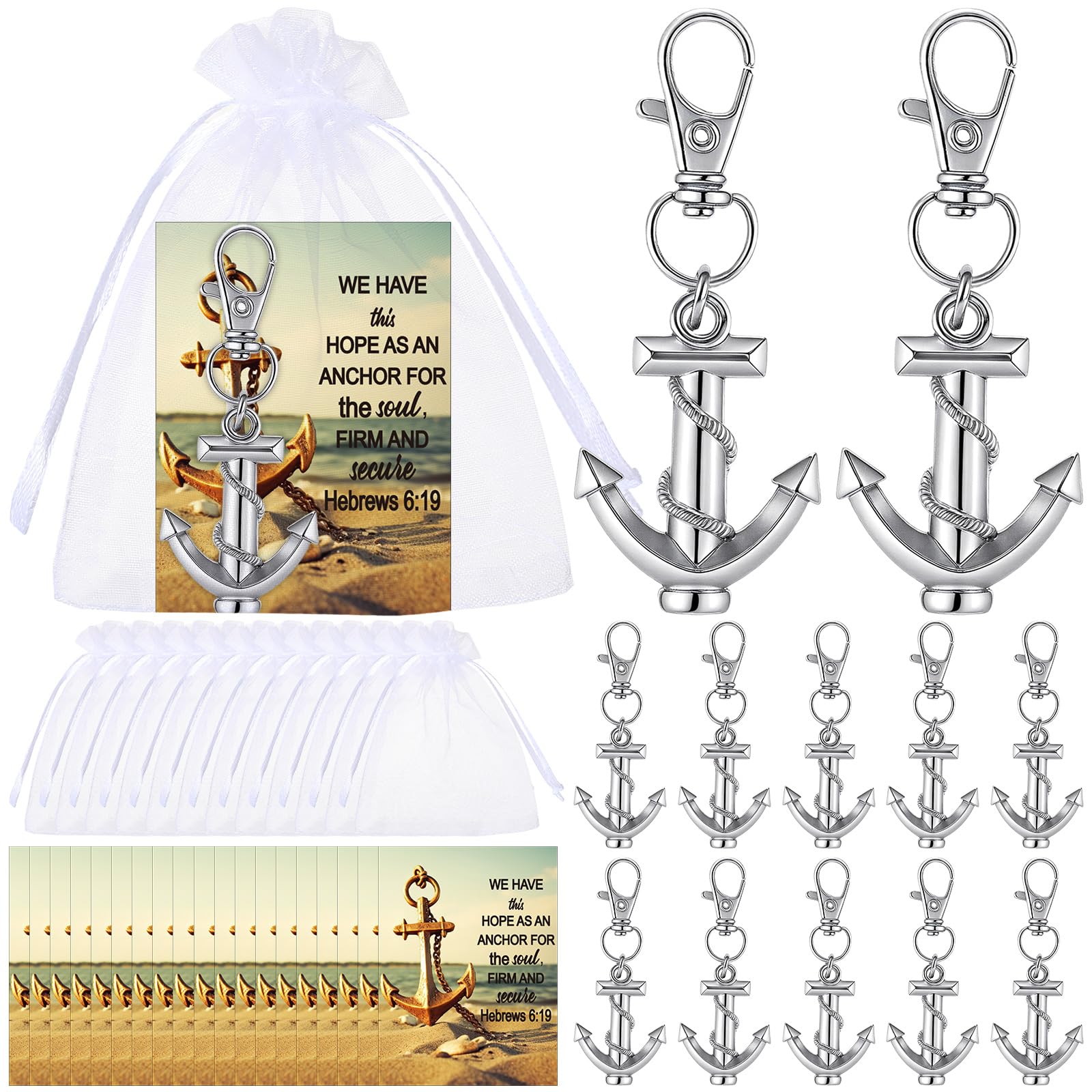 Equsion 50 Pcs Christian Anchor Keychain Bulk Religious Inspirational Scripture Card Bag Nautical Silver Keychain for Church Ocean Themed Party