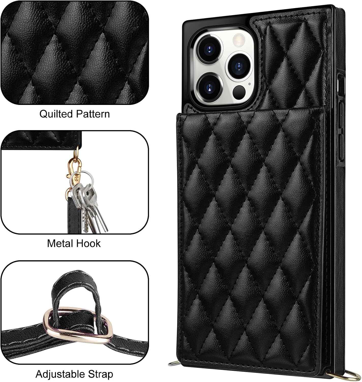 Coolden Designed for iPhone 13 Pro Max Case Wallet Women Quilted Leather Phone Cover Card Holder Slots Kickstand Slim Cases for iPhone 13 Pro Max 6.7 inch with Crossbody Strap Black