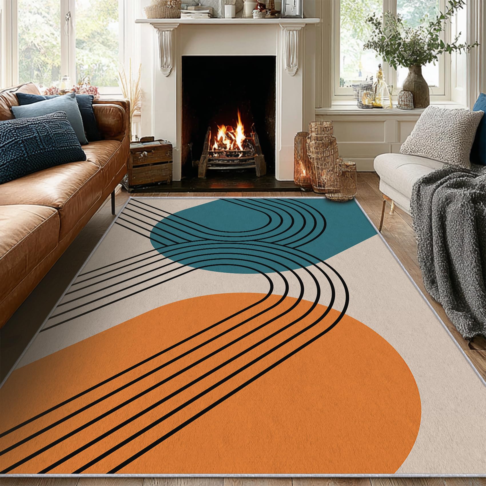 Tzvjxln 5x6 ft, Washable Boho MCM Area Rug - Minimalist Abstract Arch Stripe Rugs for Bedroom, Living Room, Office, Dorm, Kitchen, Dining Room,