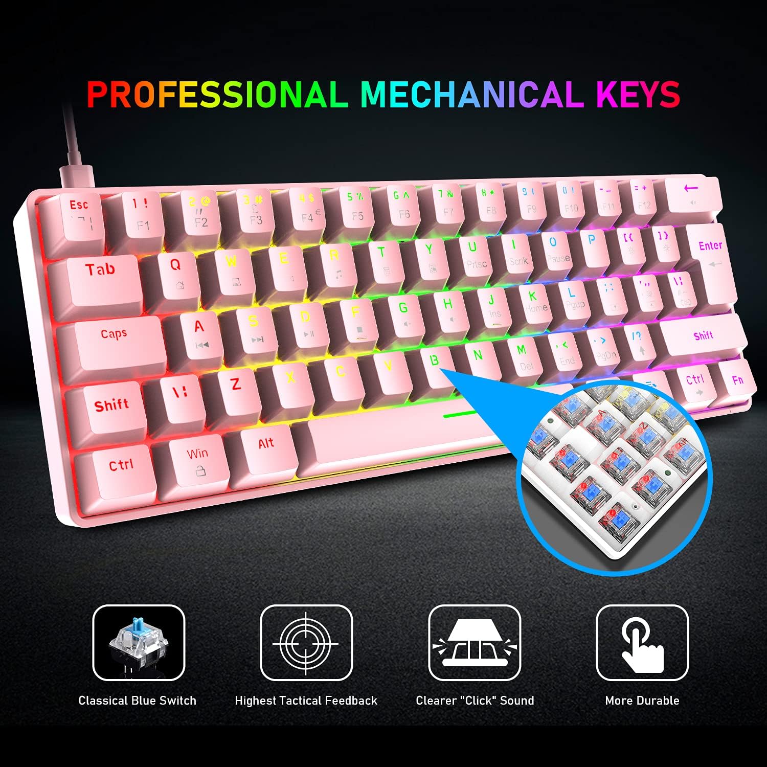 Close-up view of the XINMENG T60-01 keyboard's blue mechanical switches.