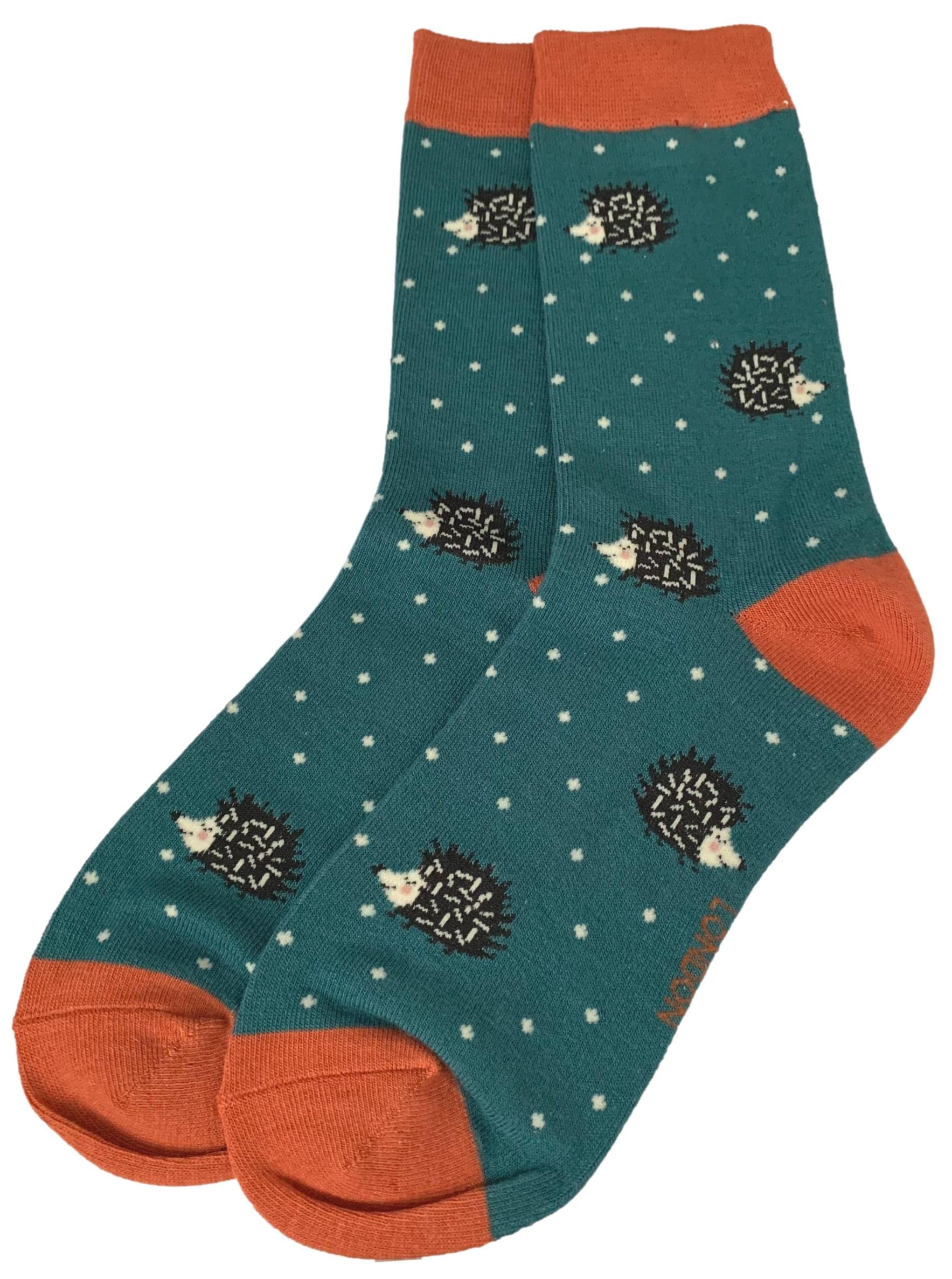 Purple Possum® Hedgehog Socks Ladies Cute Hedgehogs Print Teal Orange Bamboo Cotton Blend Womens UK Shoe Size 4-7