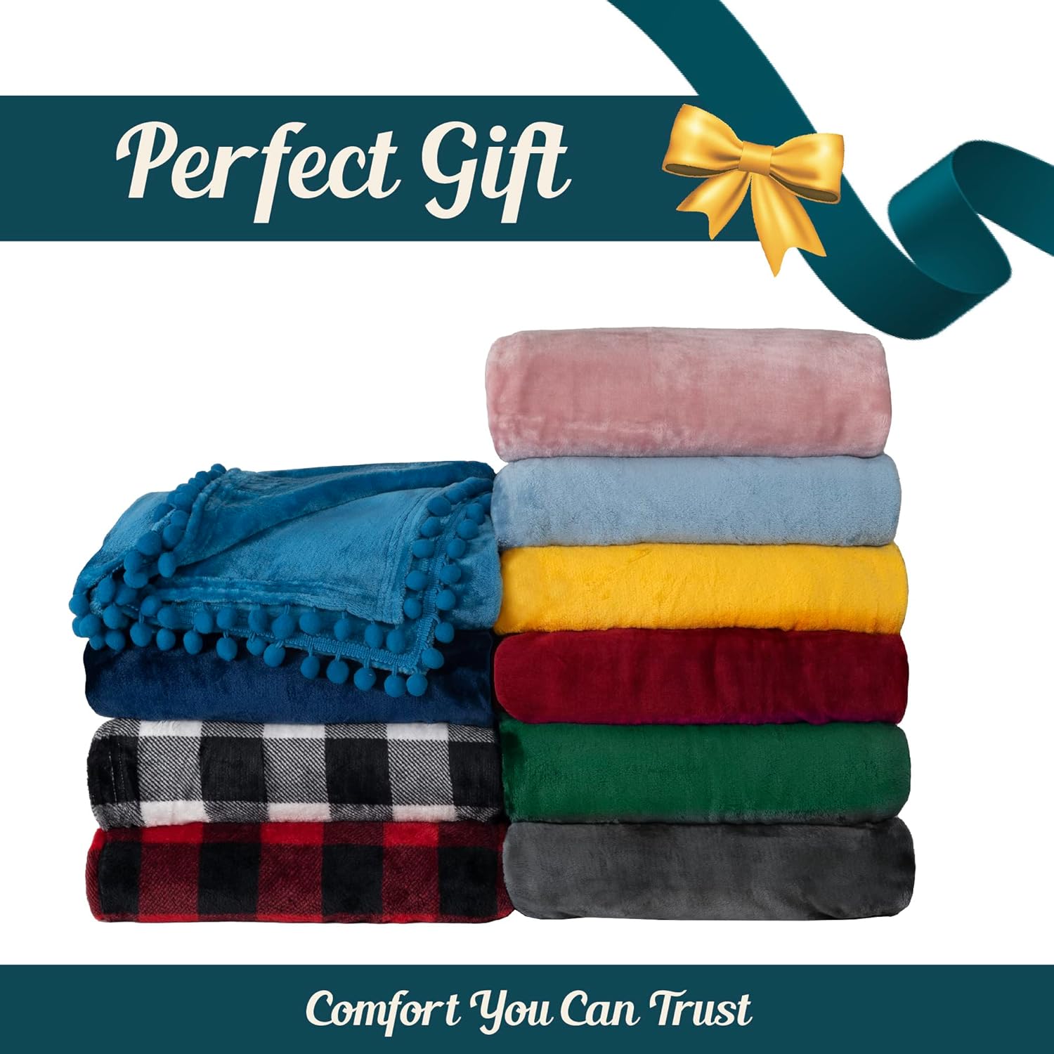 PAVILIA Fleece Throw Blanket for Couch with Pom Pom Fringe, Light Grey, Soft Cozy Fuzzy Flannel Blanket for Sofa Bed, Large Lightweight Plush All Season Throw, 60x80 Inches