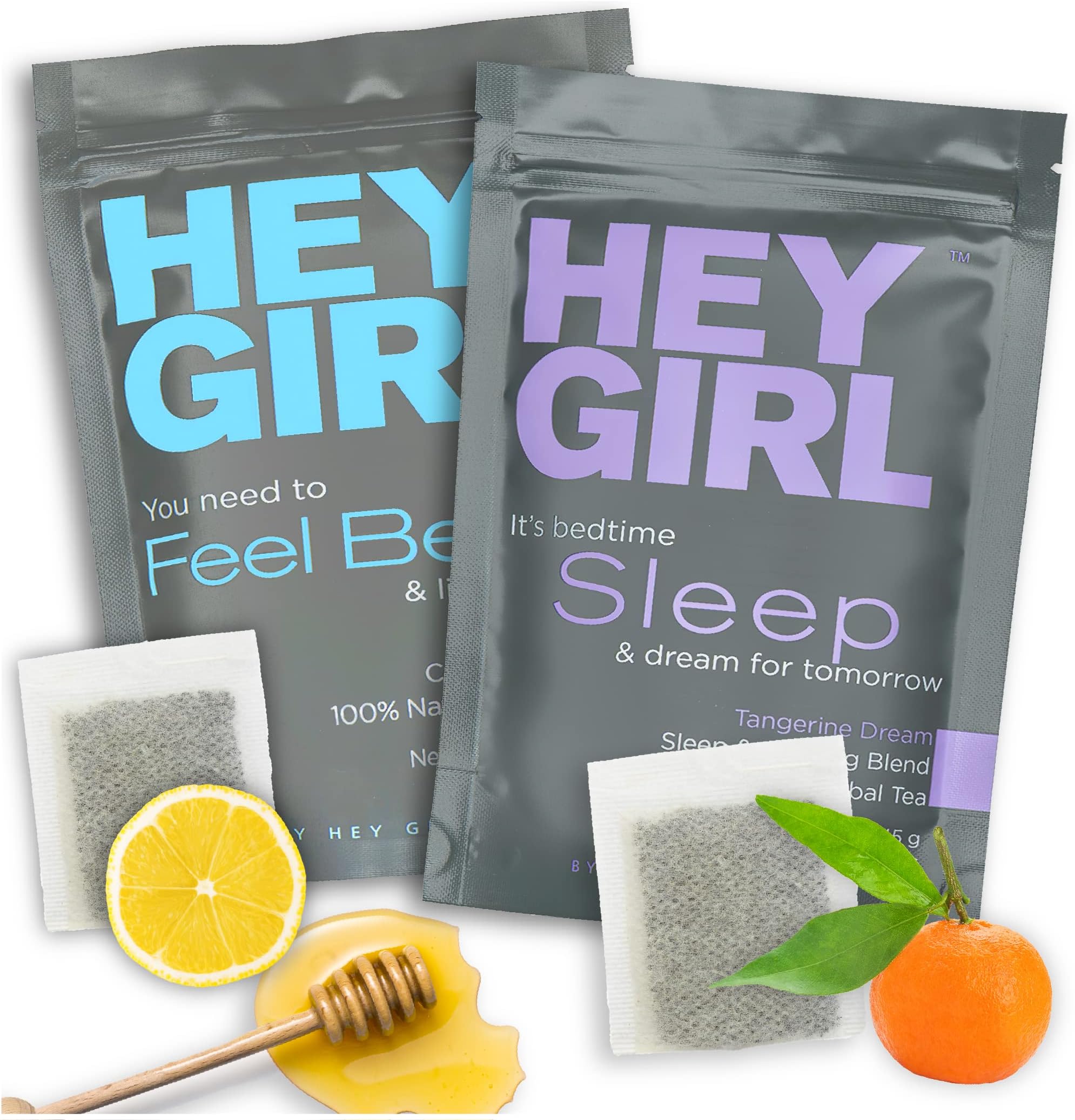 Hey Girl Sleep + Feel Better Tea Bundle - Sleep Tea w/Chamomile, Valerian Root & Lemon Balm in Tea Bags + Feel Better Herbal Tea with Echinacea, Elderberry, Vitamin C