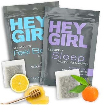 Hey Girl Sleep + Feel Better Tea Bundle - Sleep Tea w / Chamomile، Valerian Root & Lemon Balm in Tea Bags + اشعر بشاي عشبي أفضل مع إشنسا ، إلدربري ، فيتامين سي
