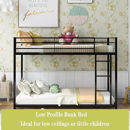 Miniatura 9 de Literas de metal de tamaño individual sobre individual, litera baja de metal para niños, marco de cama resistente con barandilla de seguridad y