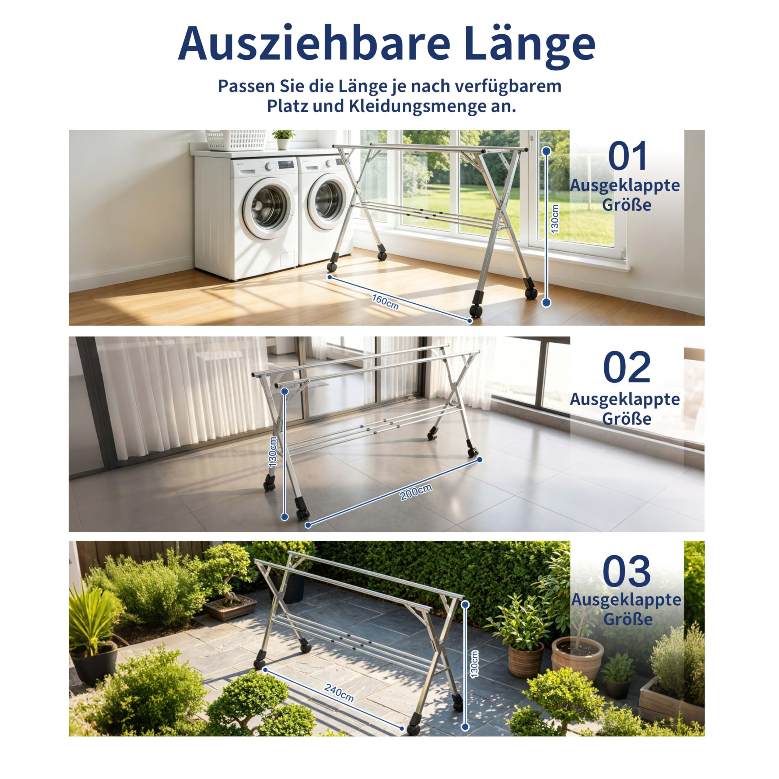 Wäscheständer 240 cm, Faltbarer Kleiderständer für drinnen und draußen, Wäscheständer zusammenklappbar, Wäscheständer aus robustem Edelstahl, Kleiderständer mit 20 Haken und 12 Klammern (240cm)